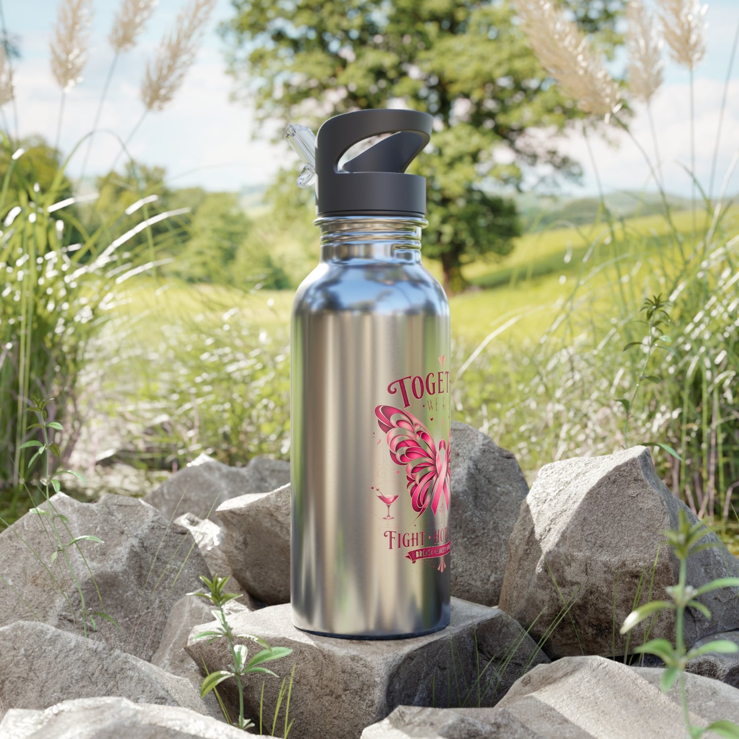Together We Rise Butterfly Breast Cancer 20oz Stainless Steel Water Bottle With Straw