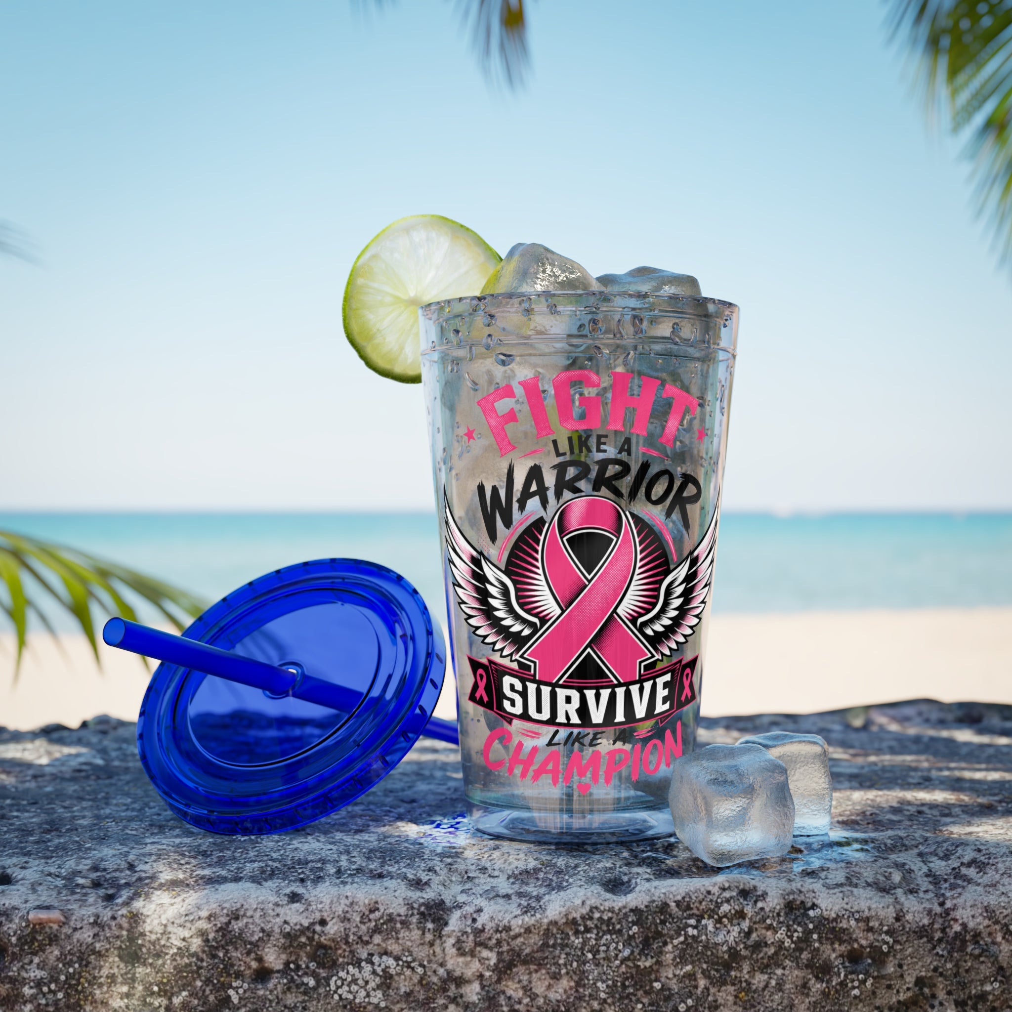 Fight Like a Warrior, Survive Like a Champion Breast Cancer Awareness 16oz Tumbler with Straw