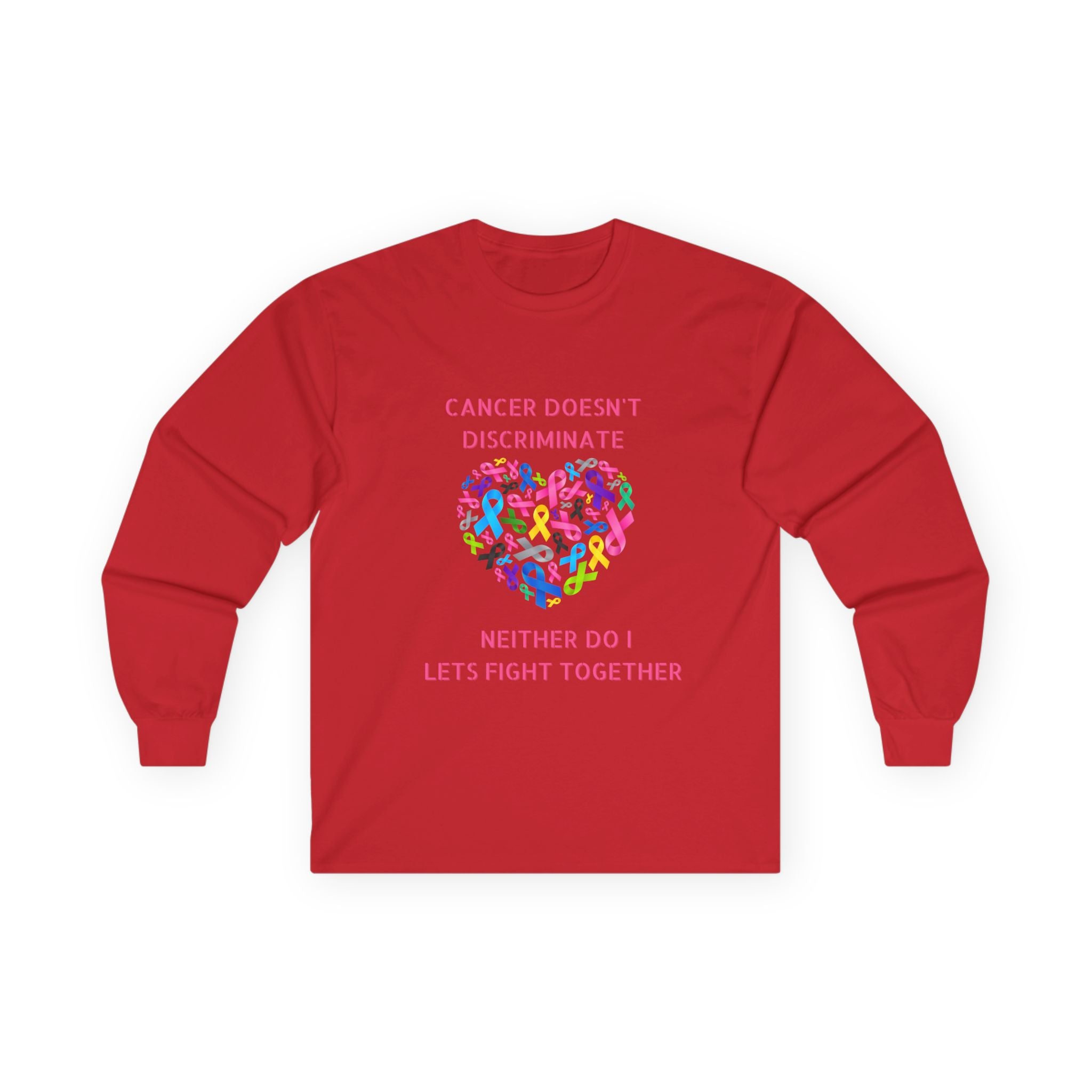Cancer Awareness Long Sleeve Tee — "Cancer Doesn't Discriminate" Heart Ribbon