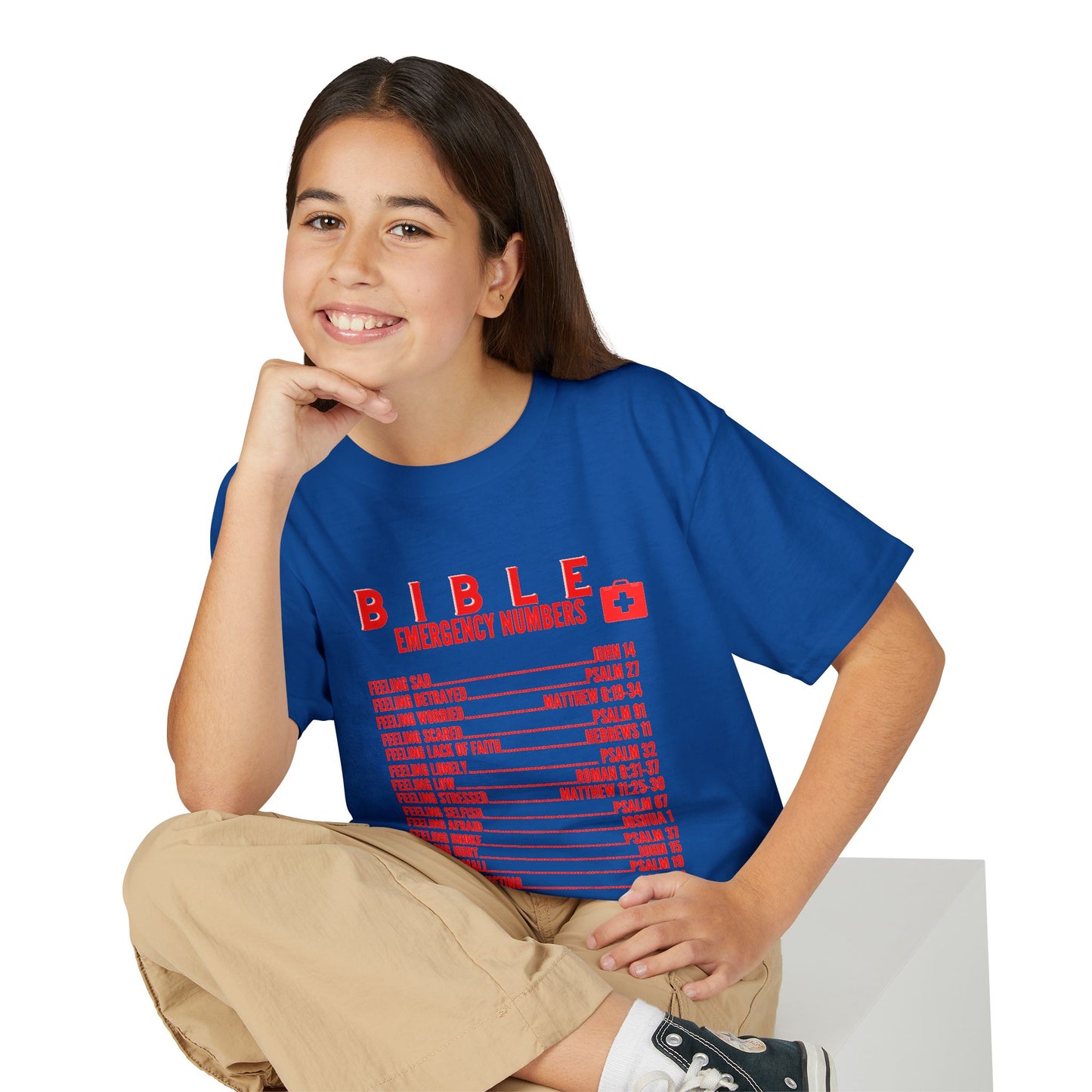 Bible Emergency Numbers Youth T-Shirt — Red
