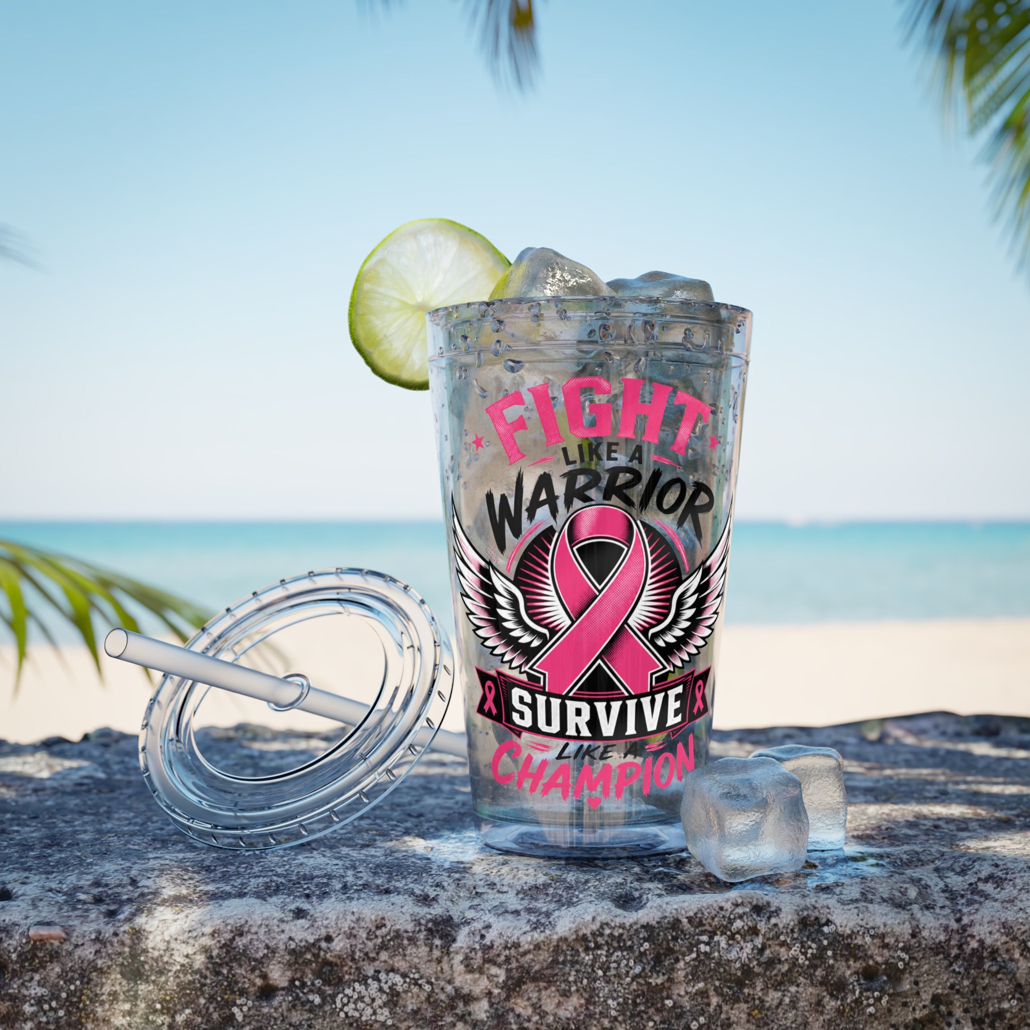 Fight Like a Warrior, Survive Like a Champion Breast Cancer Awareness 16oz Tumbler with Straw