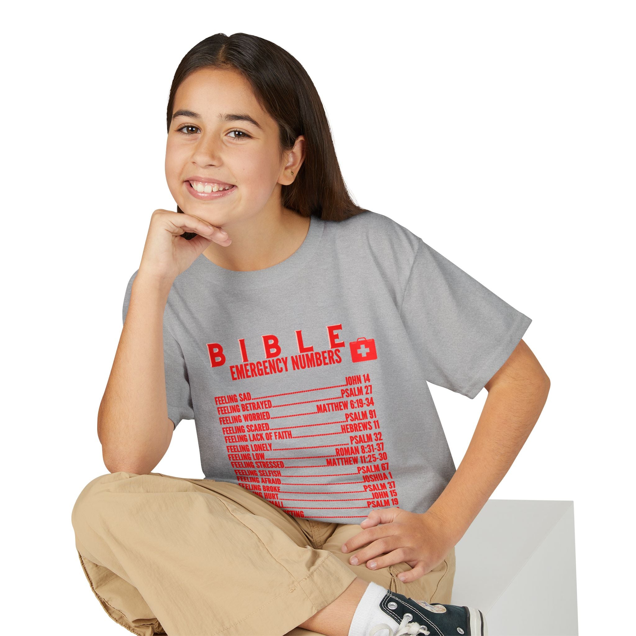 Bible Emergency Numbers Youth T-Shirt — Red