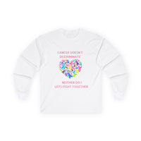 Cancer Awareness Long Sleeve Tee — "Cancer Doesn't Discriminate" Heart Ribbon