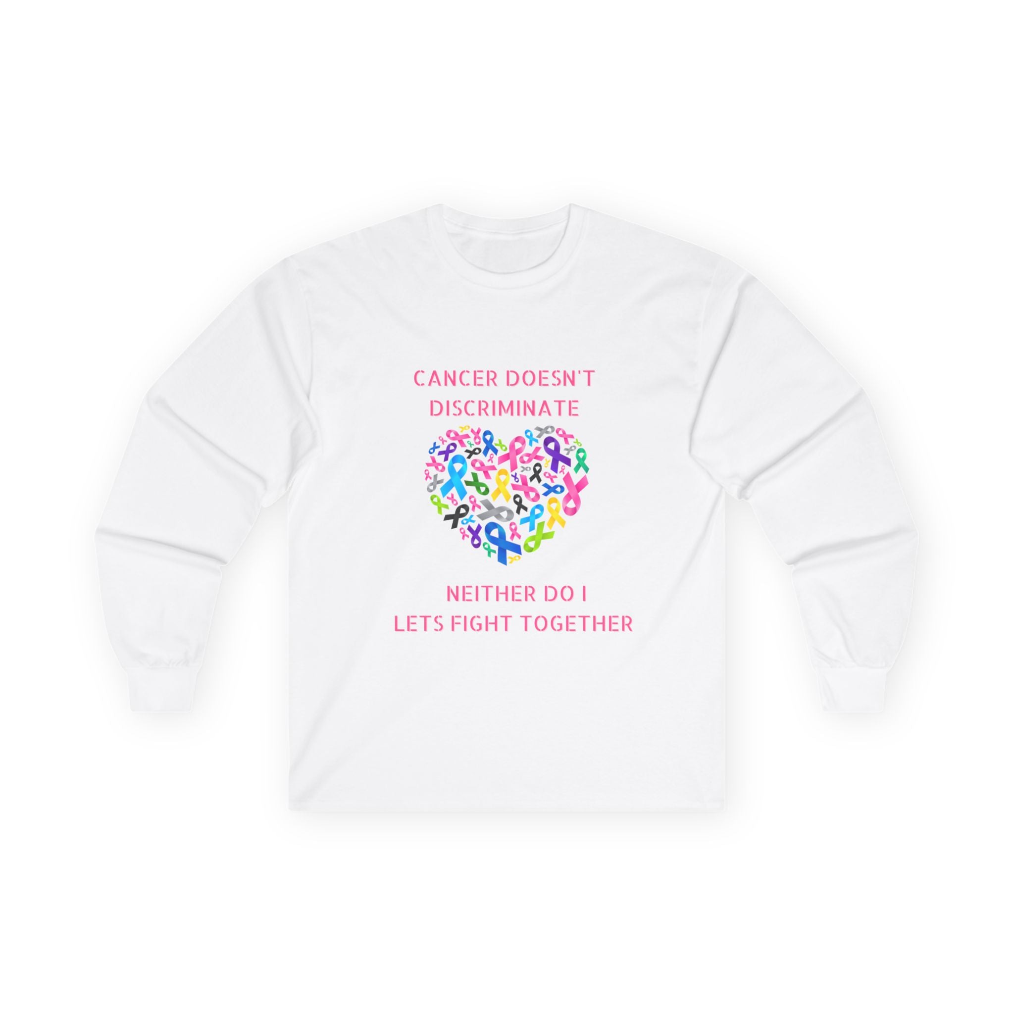 Cancer Awareness Long Sleeve Tee — "Cancer Doesn't Discriminate" Heart Ribbon