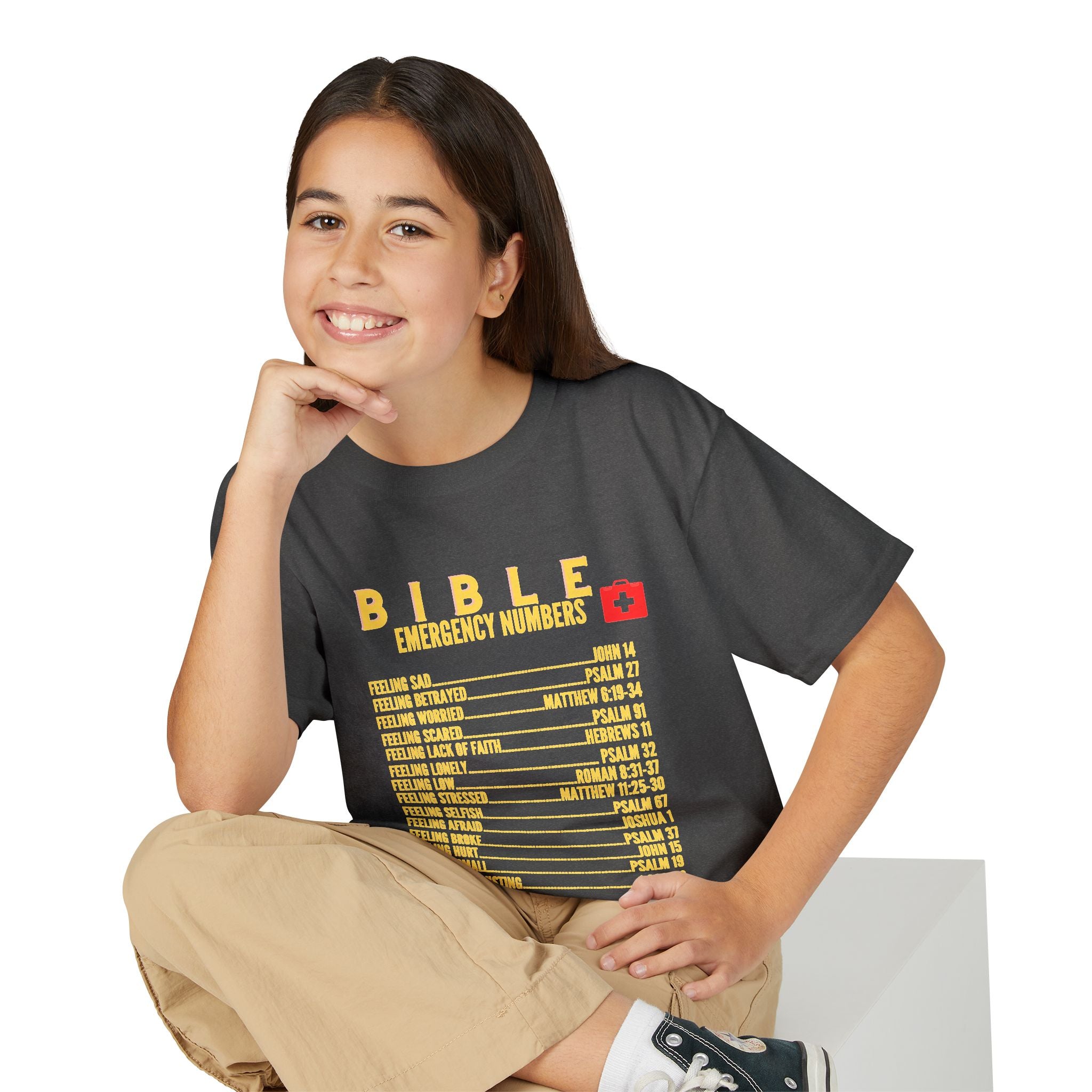 Bible Emergency Numbers Youth T-Shirt — Yellow