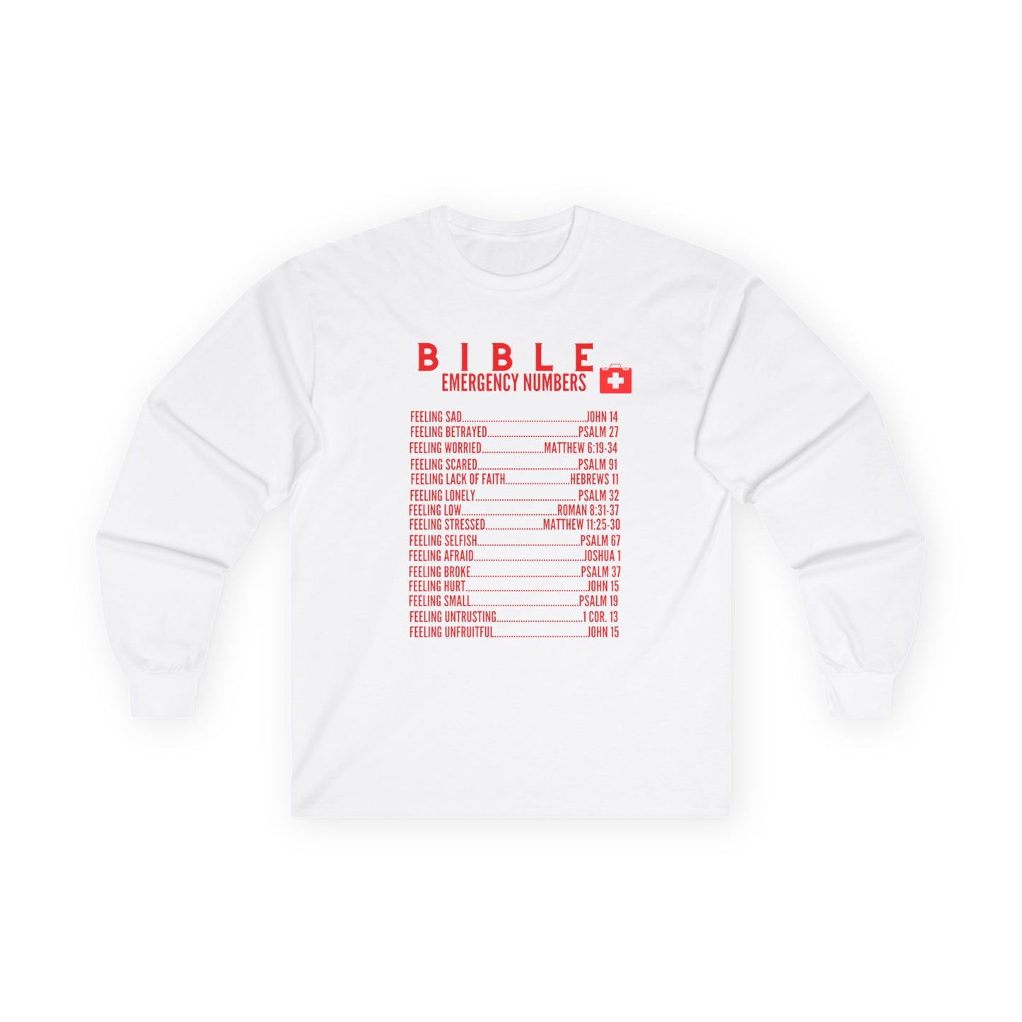 Bible Emergency Numbers Long Sleeve Tee - Red