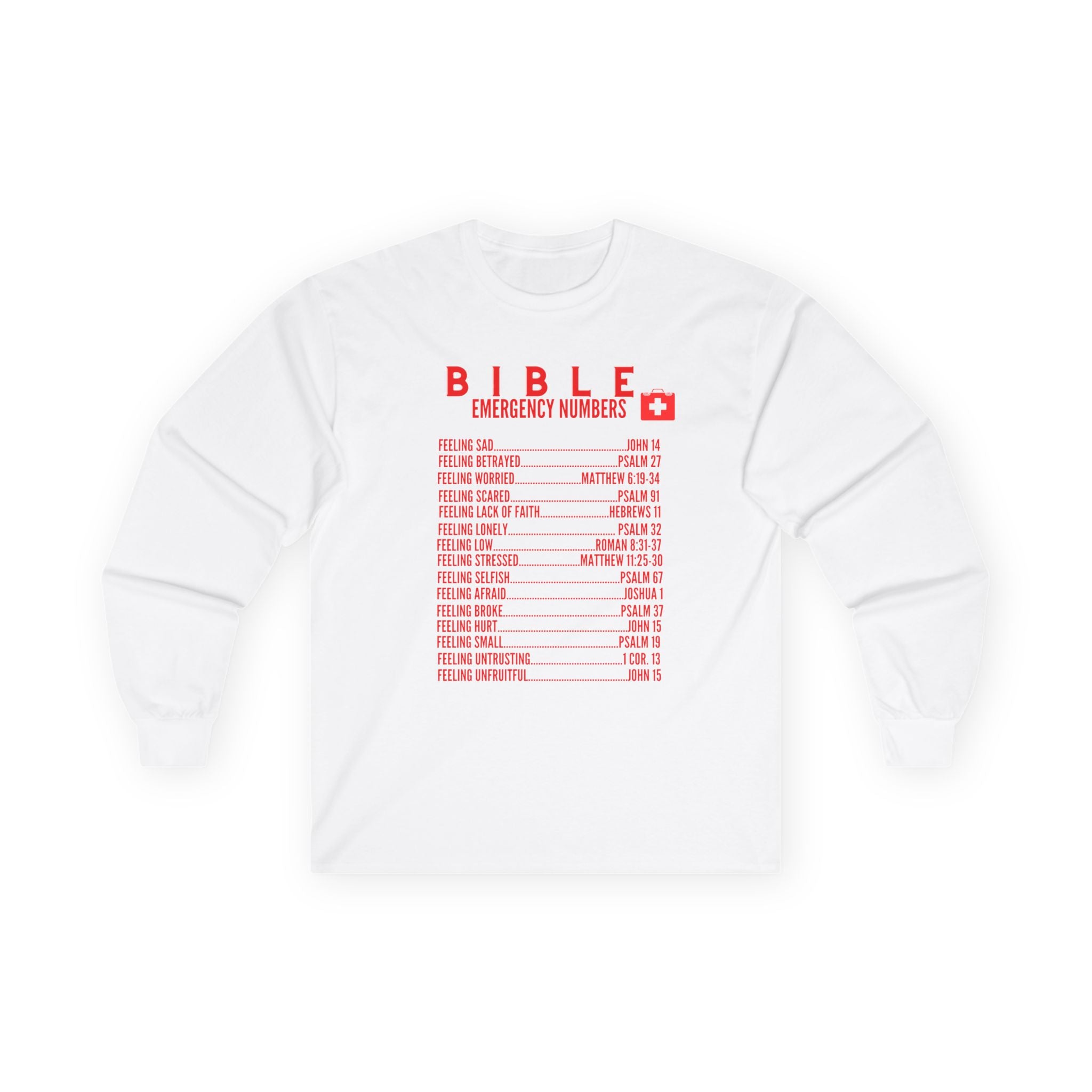 Bible Emergency Numbers Long Sleeve Tee - Red