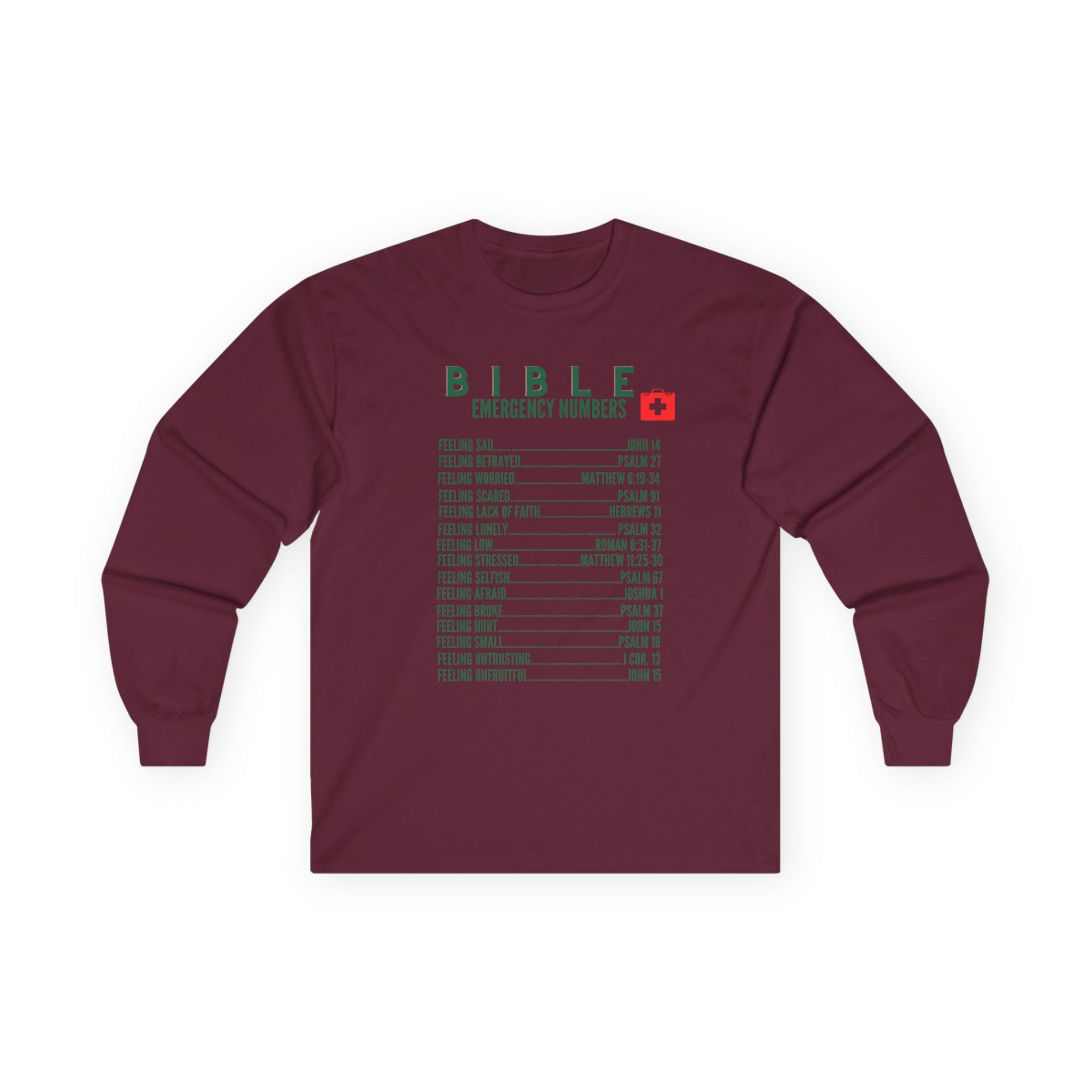 Bible Emergency Numbers Long Sleeve Tee - Green