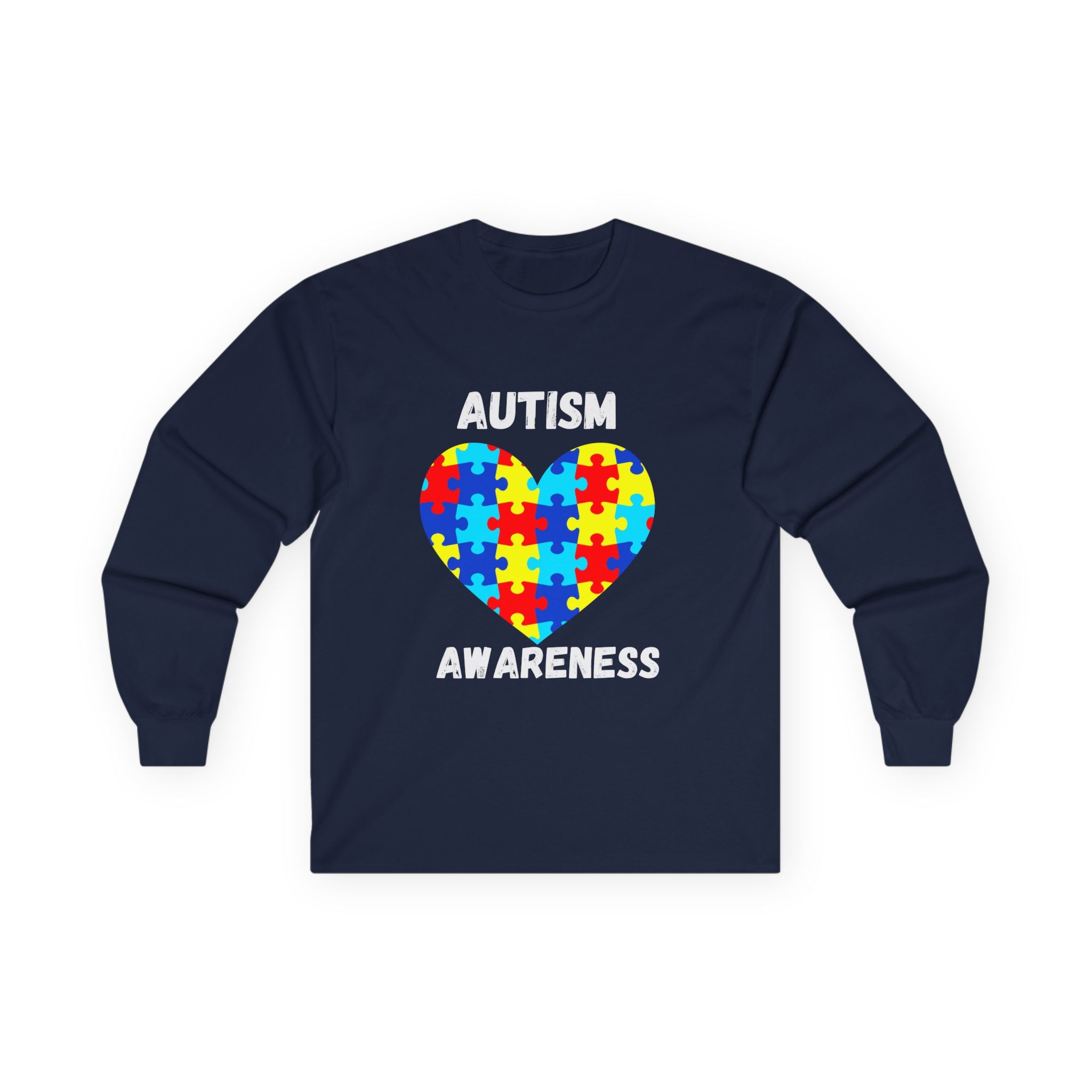 Autism Awareness Long Sleeve Tee — Heart Shaped Puzzle - White