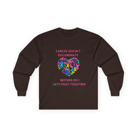 Cancer Awareness Long Sleeve Tee — "Cancer Doesn't Discriminate" Heart Ribbon