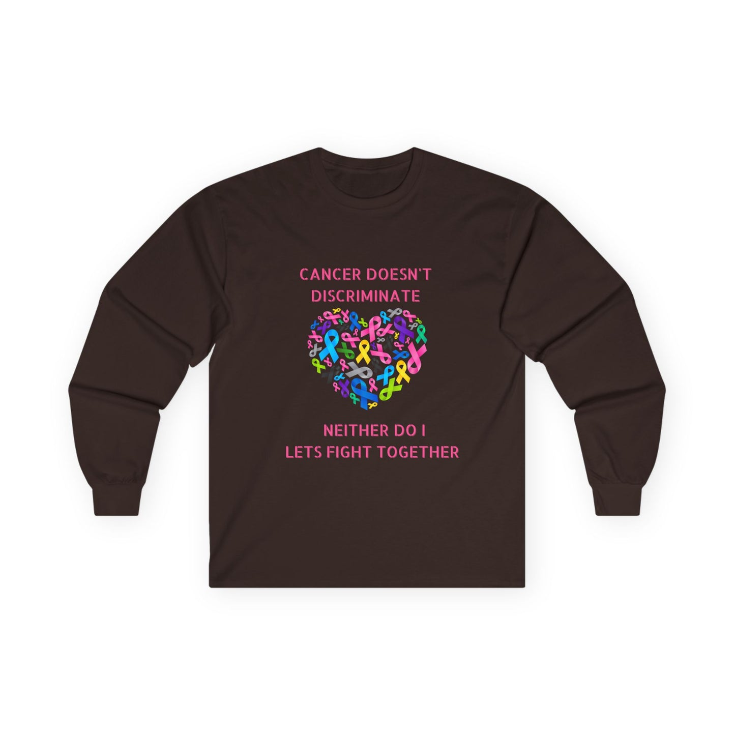 Cancer Awareness Long Sleeve Tee — "Cancer Doesn't Discriminate" Heart Ribbon