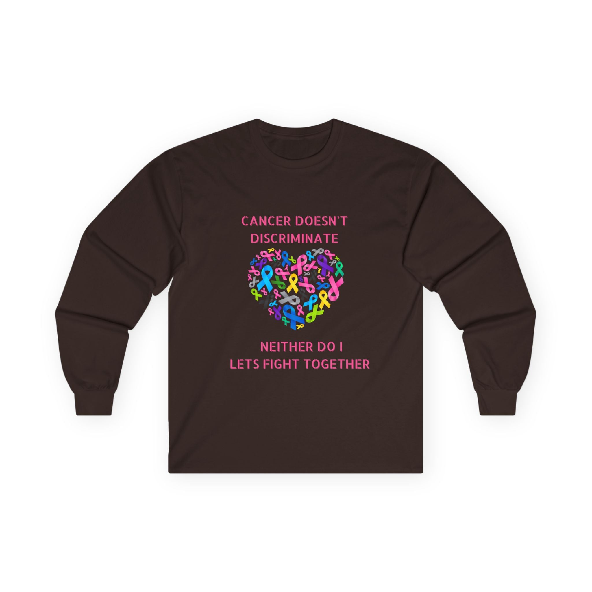 Cancer Awareness Long Sleeve Tee — "Cancer Doesn't Discriminate" Heart Ribbon