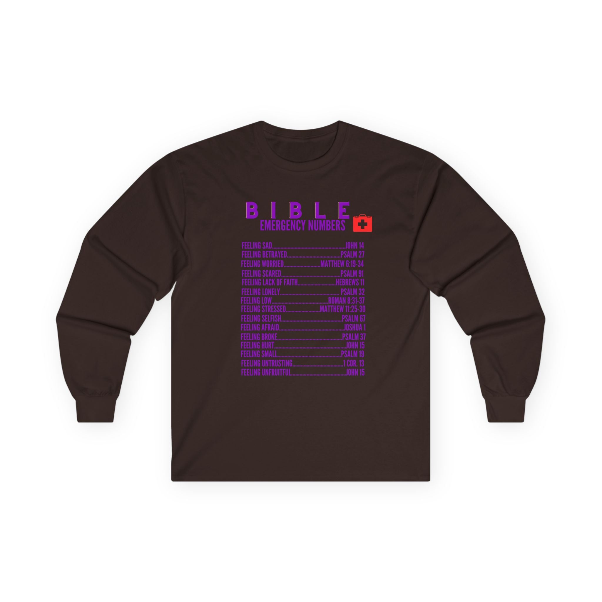 Bible Emergency Numbers Long Sleeve Tee - Purple