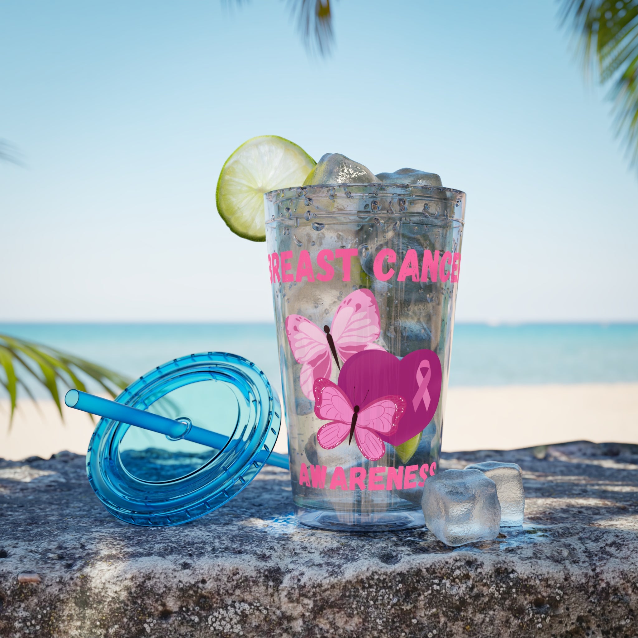 Breast Cancer Awareness 16oz Tumbler with Straw - Butterfly, Heart