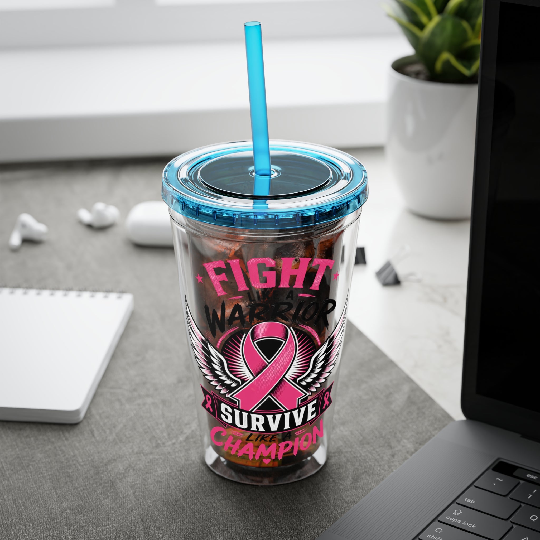 Fight Like a Warrior, Survive Like a Champion Breast Cancer Awareness 16oz Tumbler with Straw