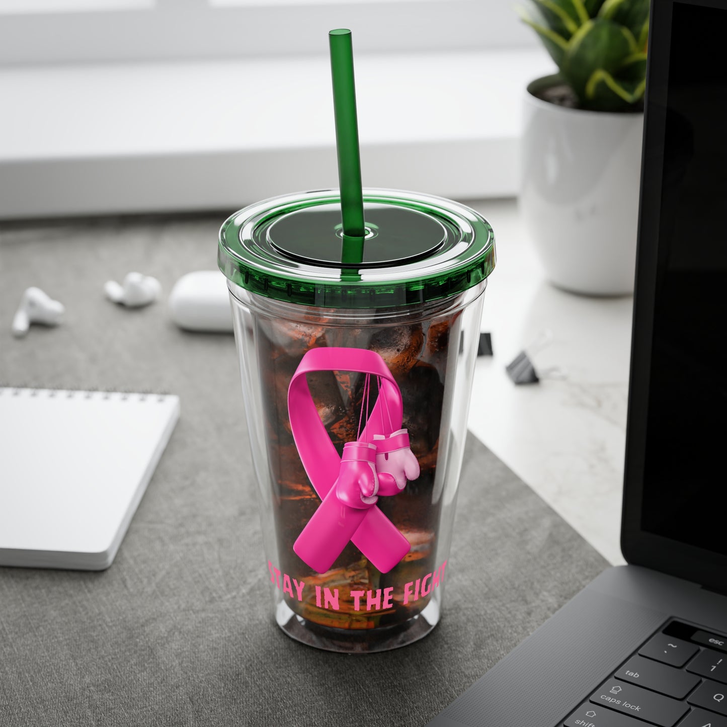 Pink Ribbon “Stay in the Fight” 16oz Tumbler with Straw