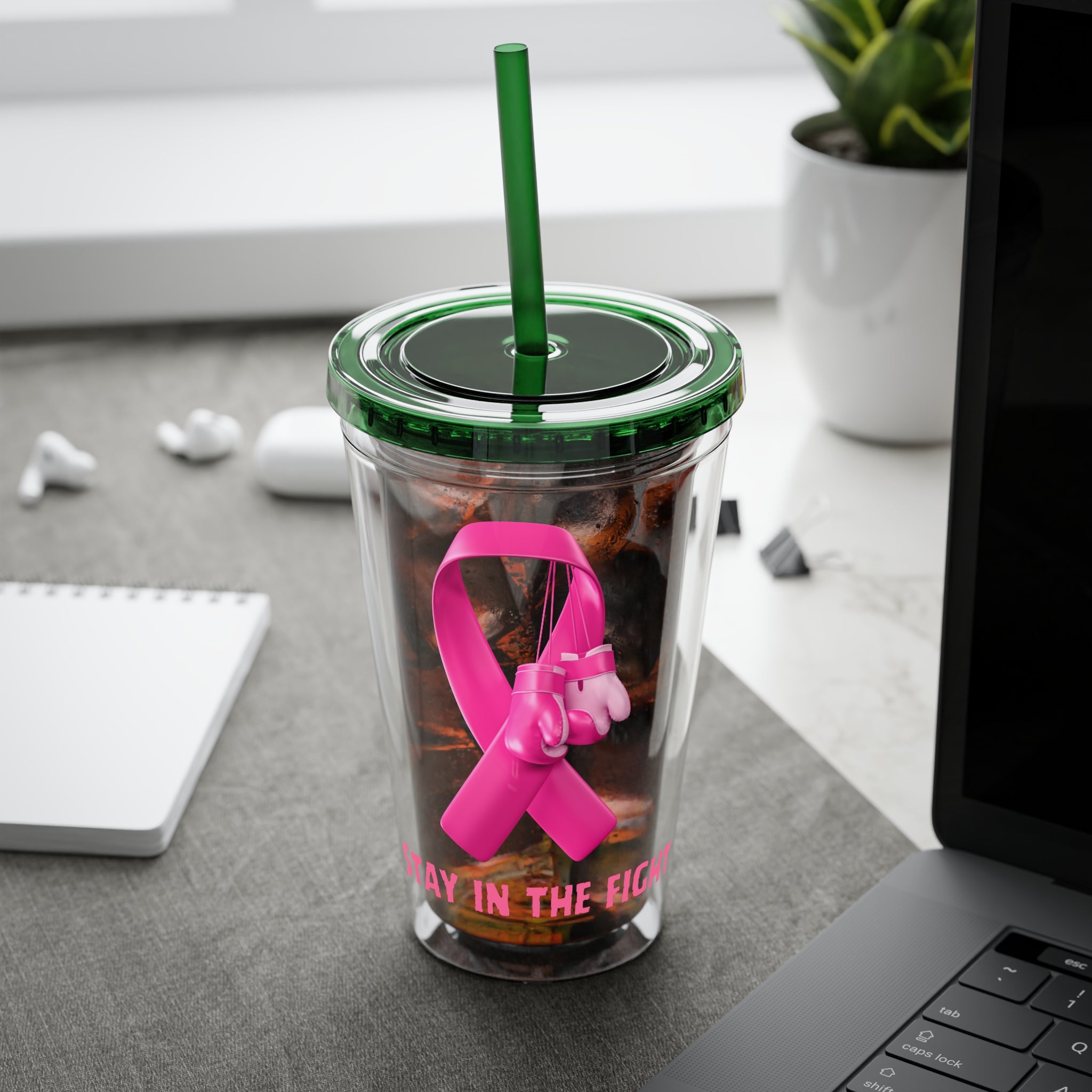 Pink Ribbon “Stay in the Fight” 16oz Tumbler with Straw