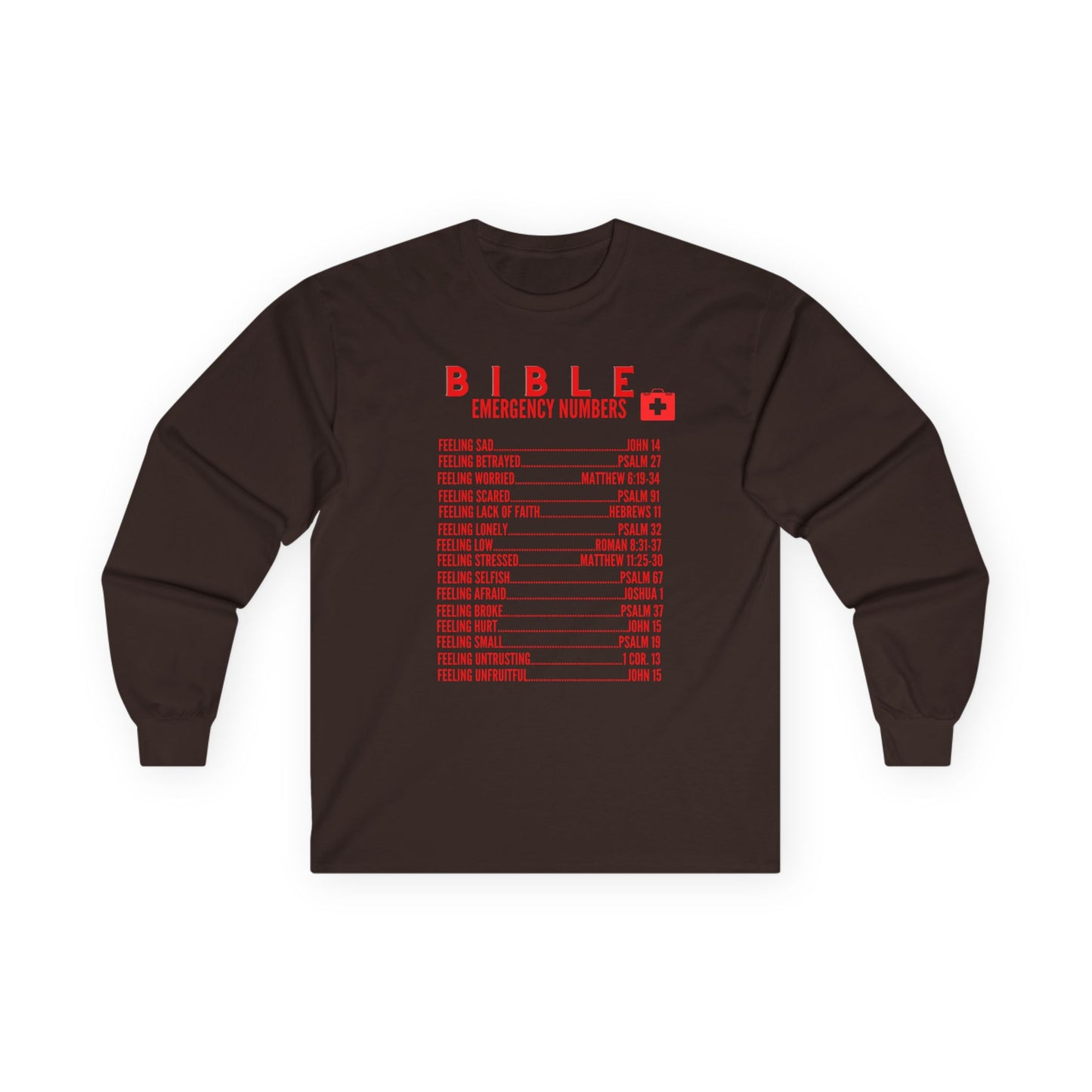 Bible Emergency Numbers Long Sleeve Tee - Red