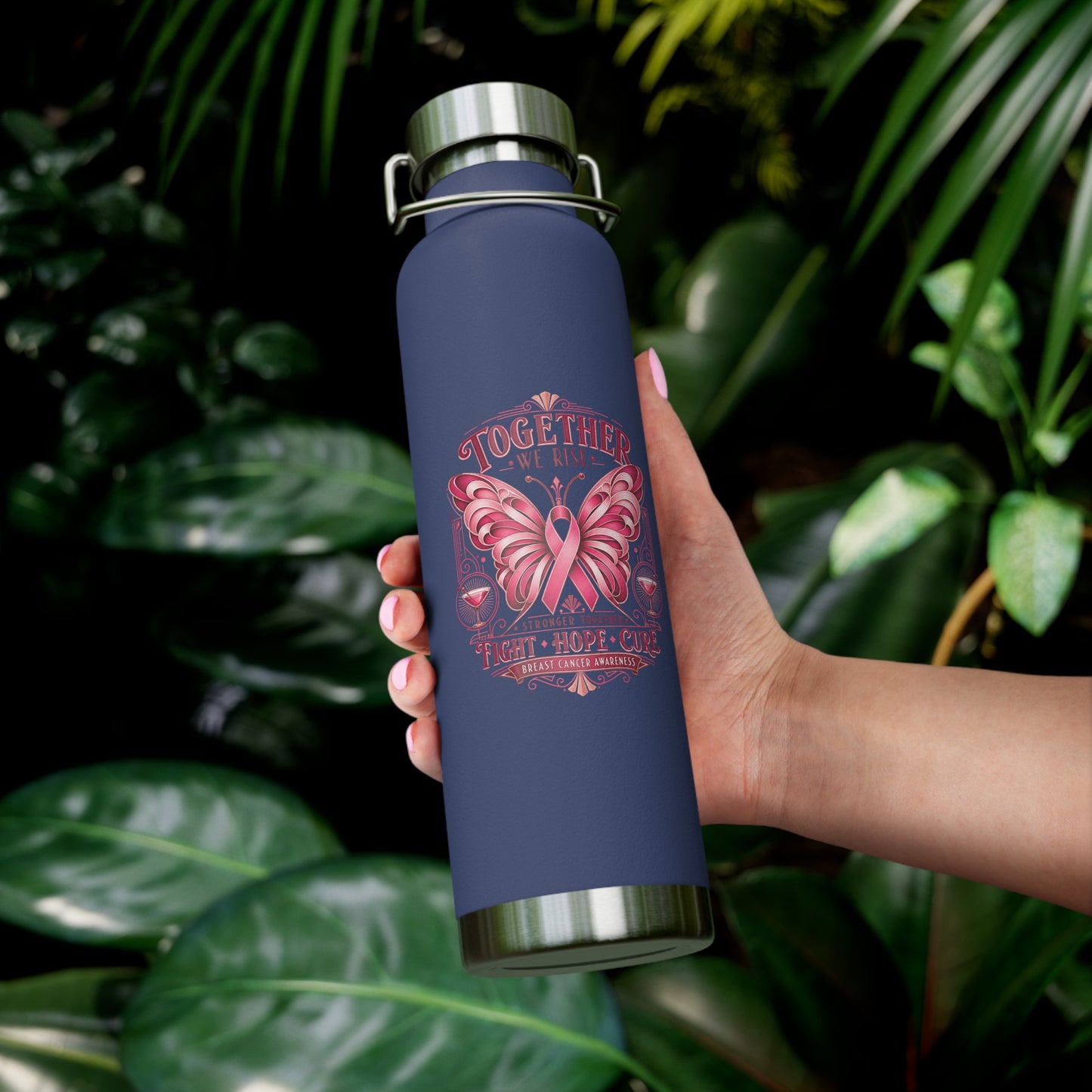 Together We Fight Pink Ribbon Butterfly Cancer 22oz Insulated Water Bottle