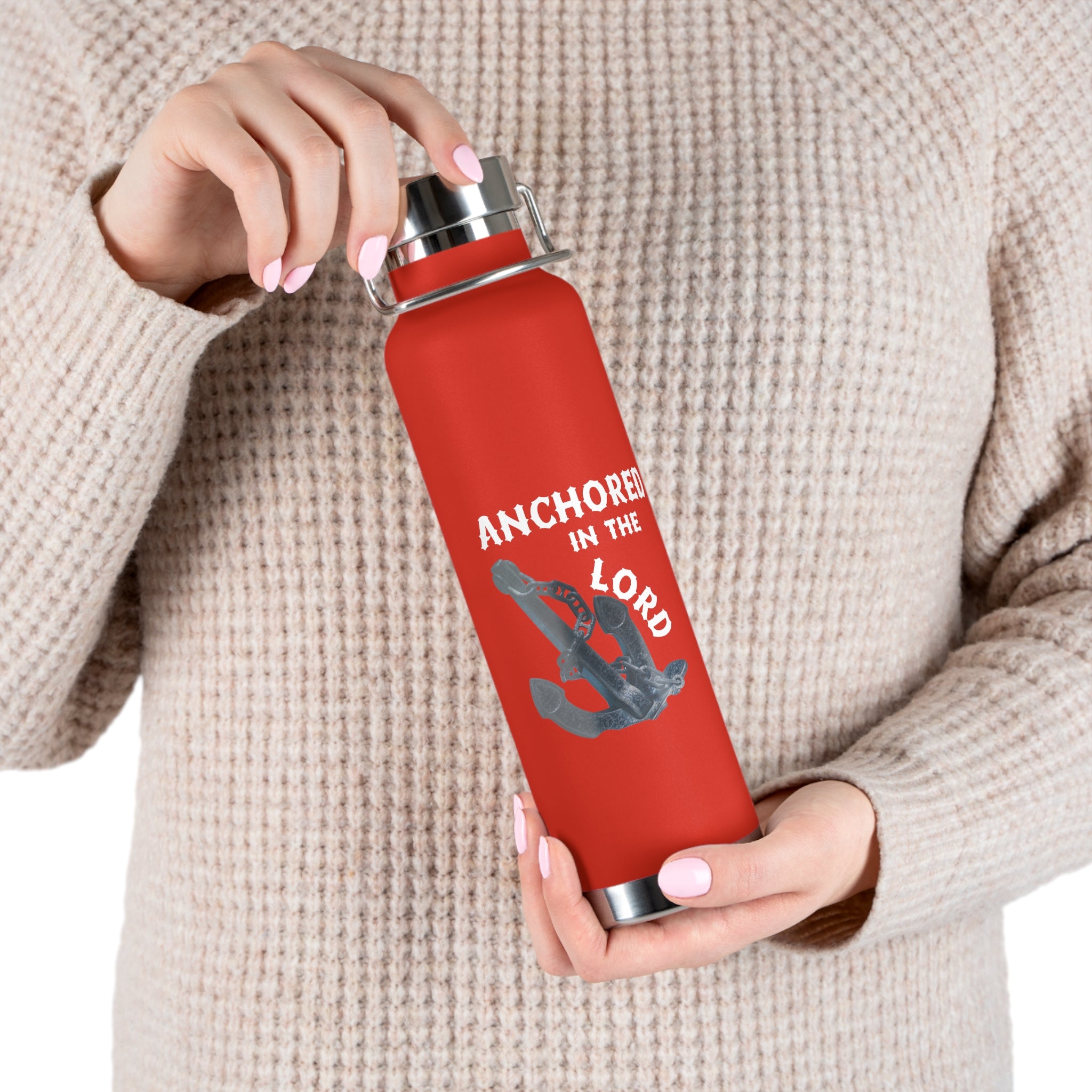 "Anchored in the Lord" 22oz Insulated Water Bottle — White