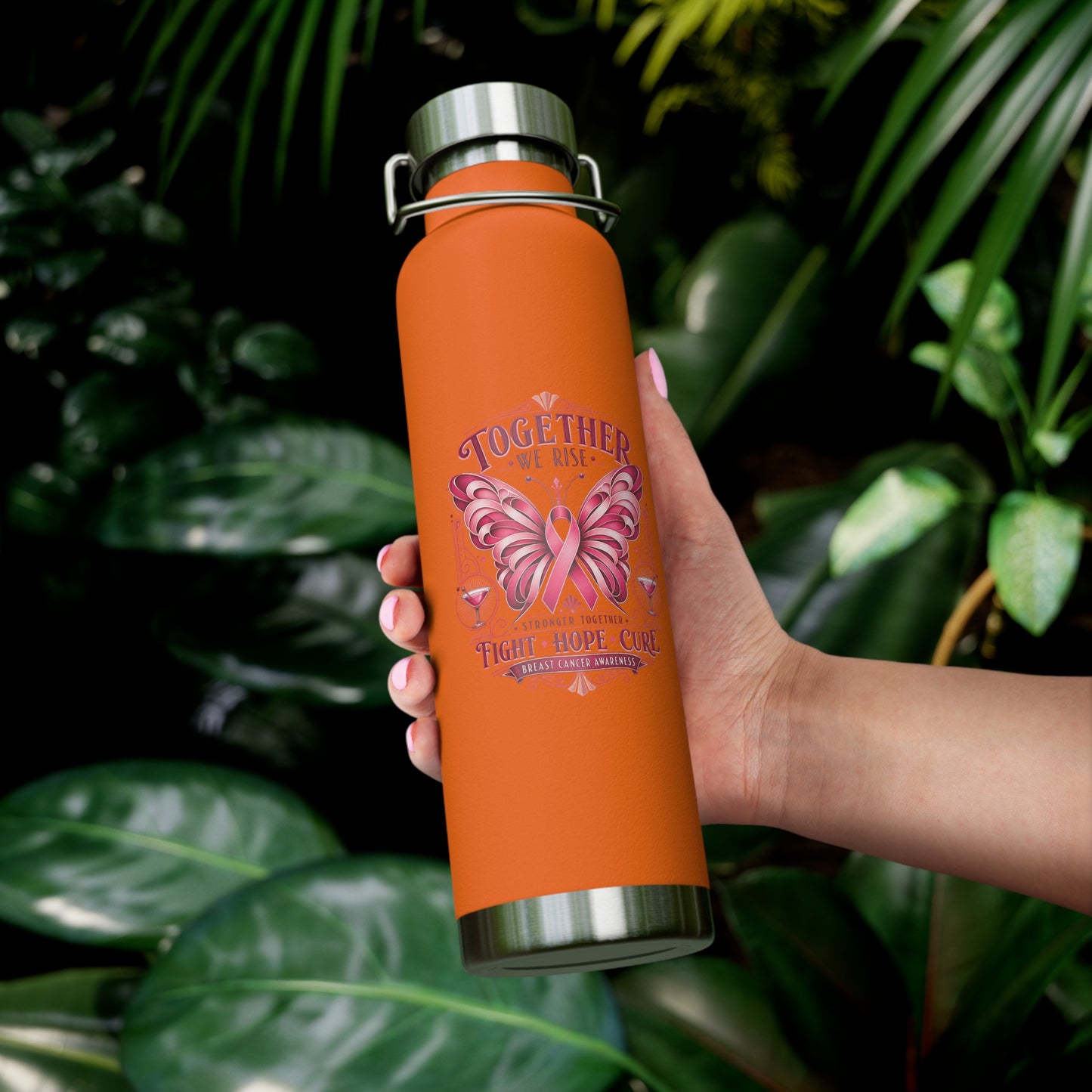 Together We Fight Pink Ribbon Butterfly Cancer 22oz Insulated Water Bottle