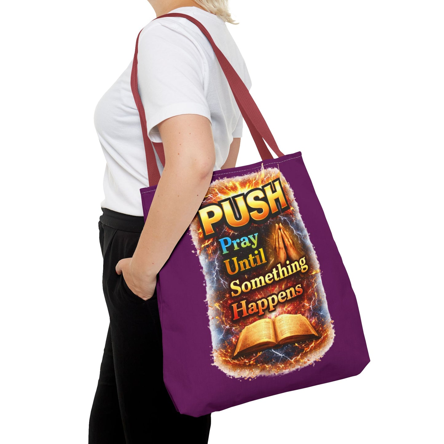 Push Pray Until Something Happens Purple Tote Bag - Bible