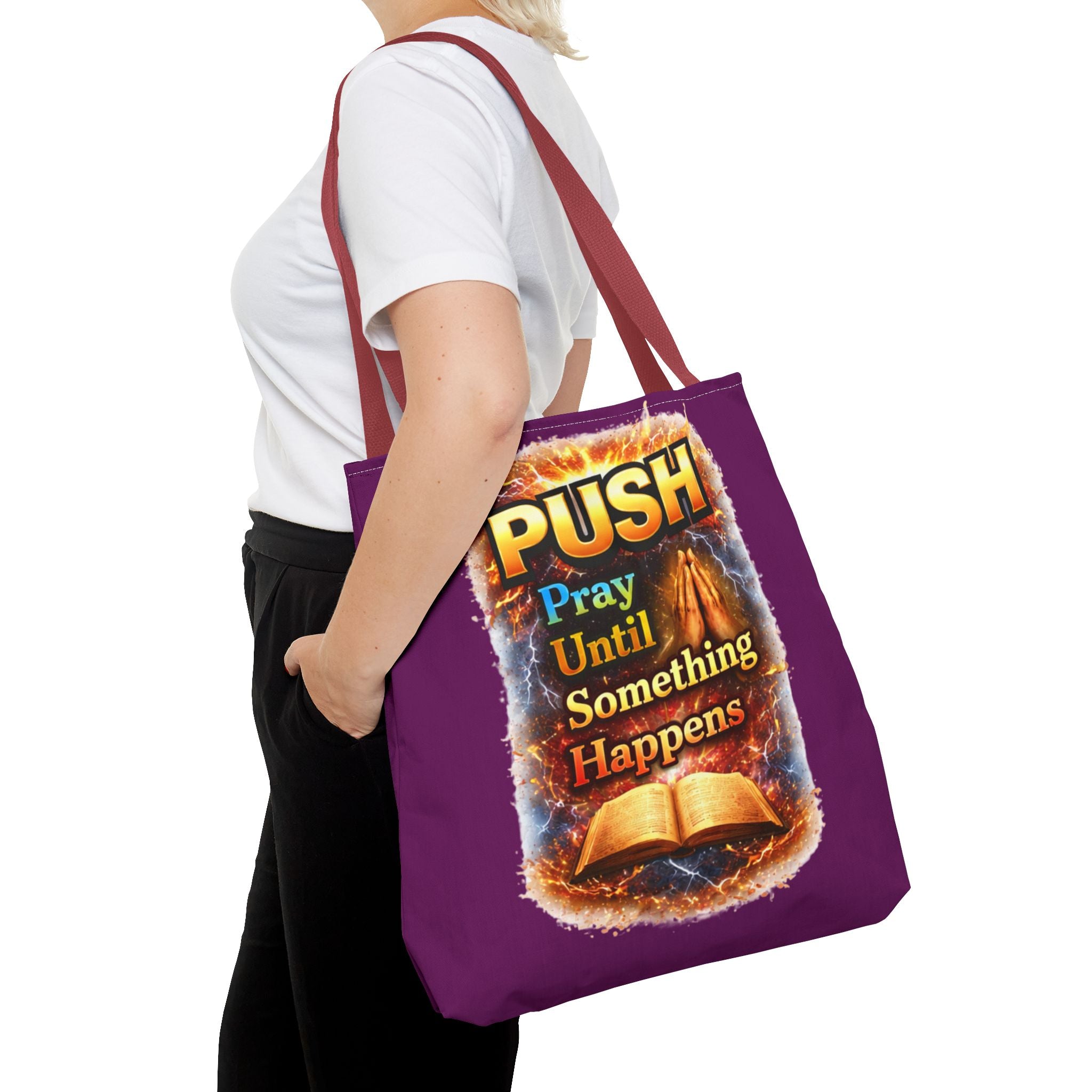 Push Pray Until Something Happens Purple Tote Bag - Bible