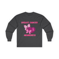 Breast Cancer Awareness Long Sleeve Tee — Pink Ribbon Butterfly Design
