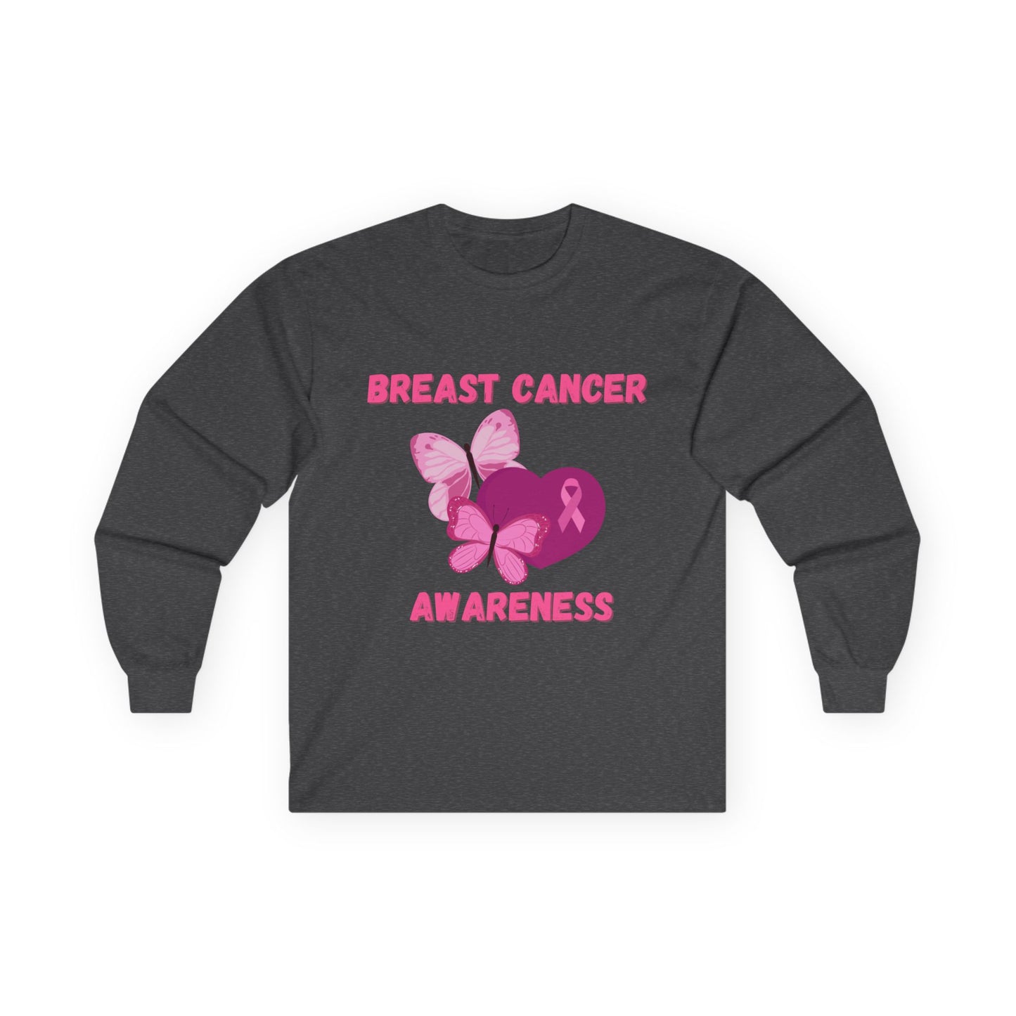 Breast Cancer Awareness Long Sleeve Tee — Pink Ribbon Butterfly Design
