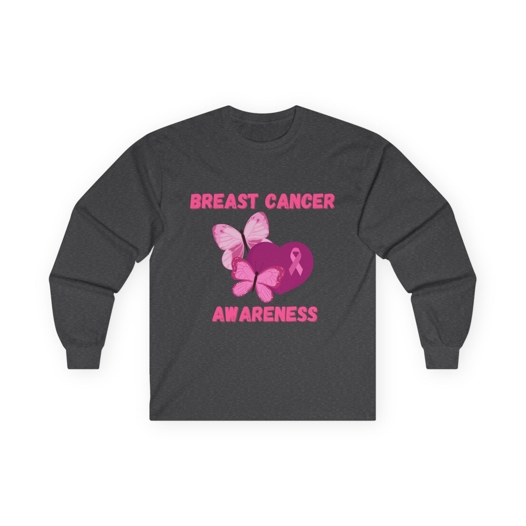 Breast Cancer Awareness Long Sleeve Tee — Pink Ribbon Butterfly Design