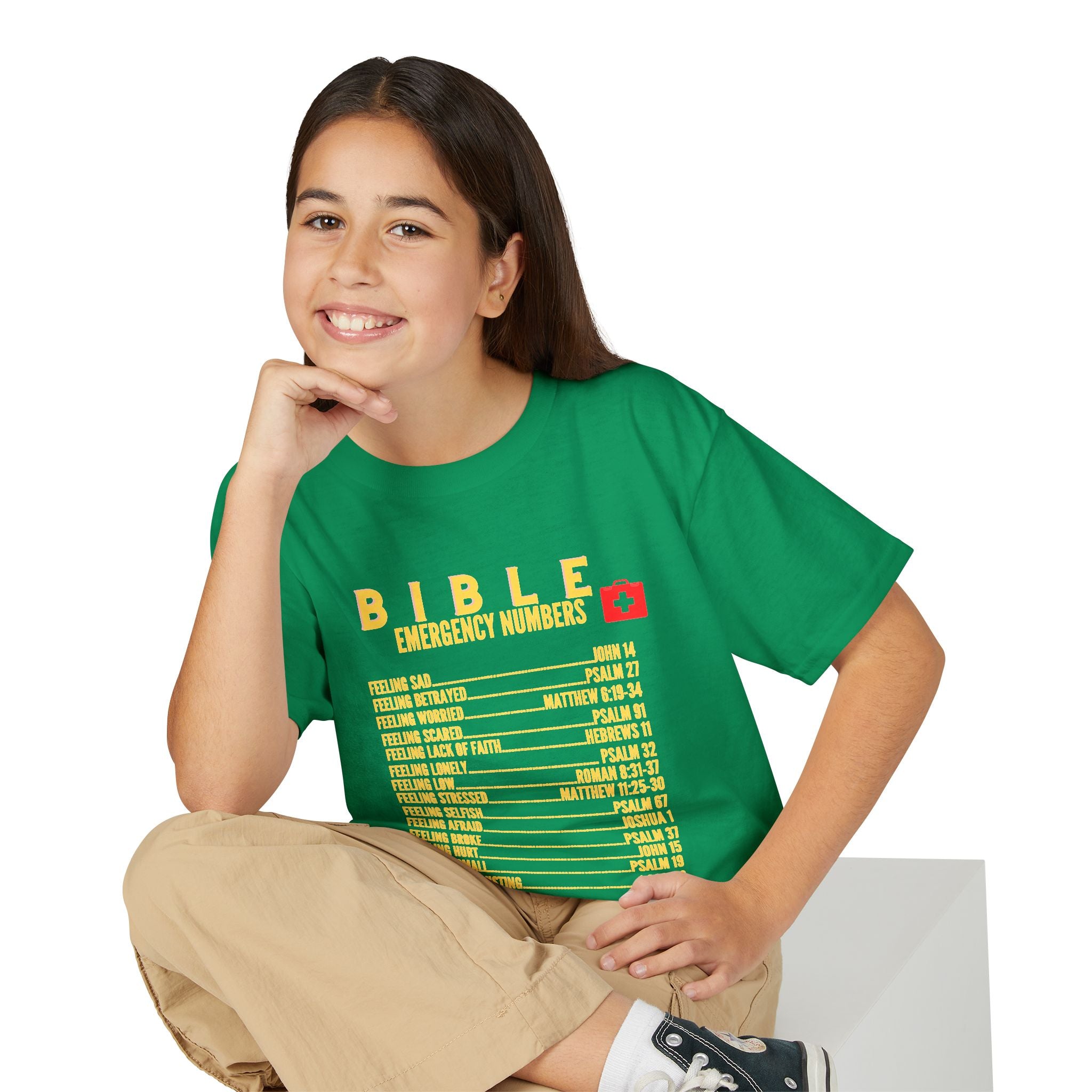Bible Emergency Numbers Youth T-Shirt — Yellow