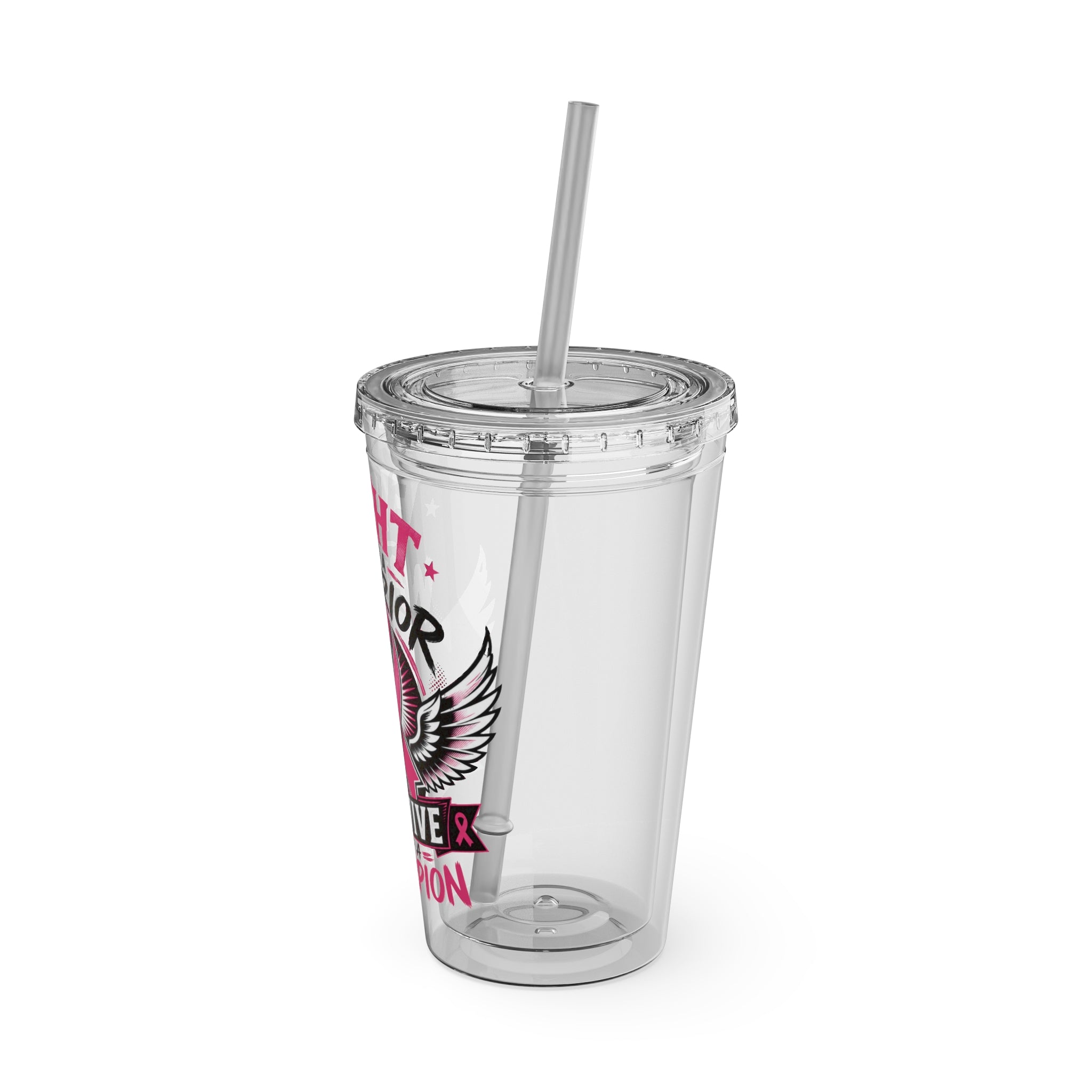 Fight Like a Warrior, Survive Like a Champion Breast Cancer Awareness 16oz Tumbler with Straw