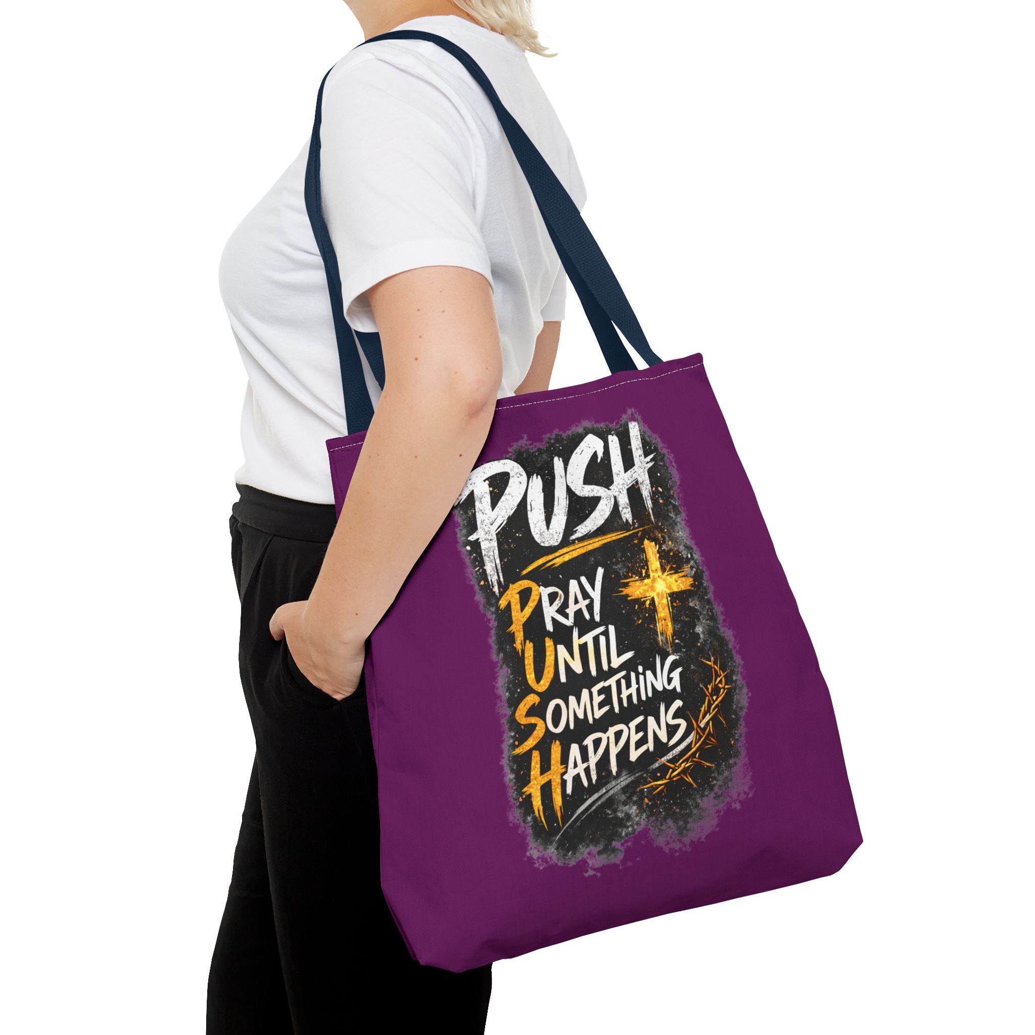 Push Pray Until Something Happens Purple Tote Bag