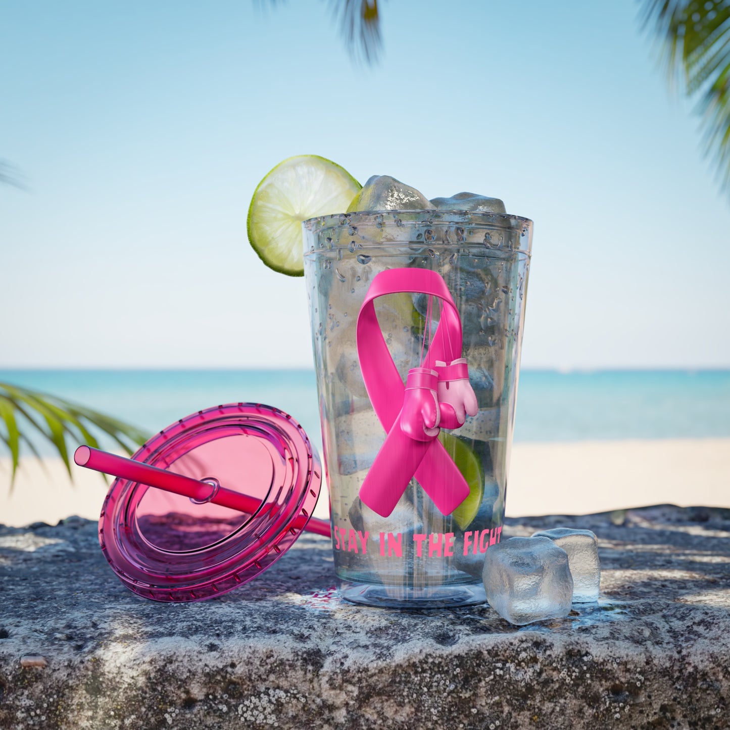 Pink Ribbon “Stay in the Fight” 16oz Tumbler with Straw