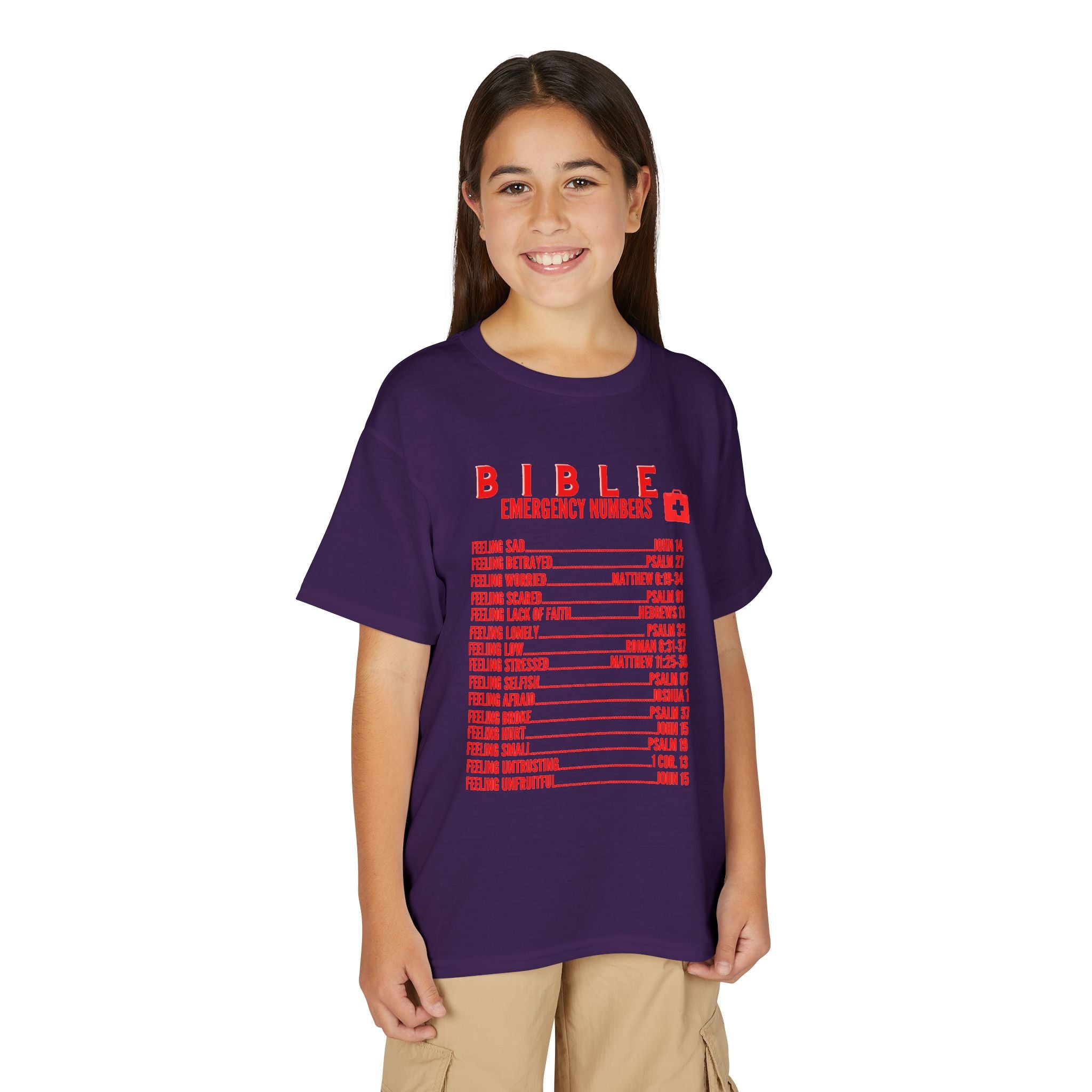 Bible Emergency Numbers Youth T-Shirt — Red