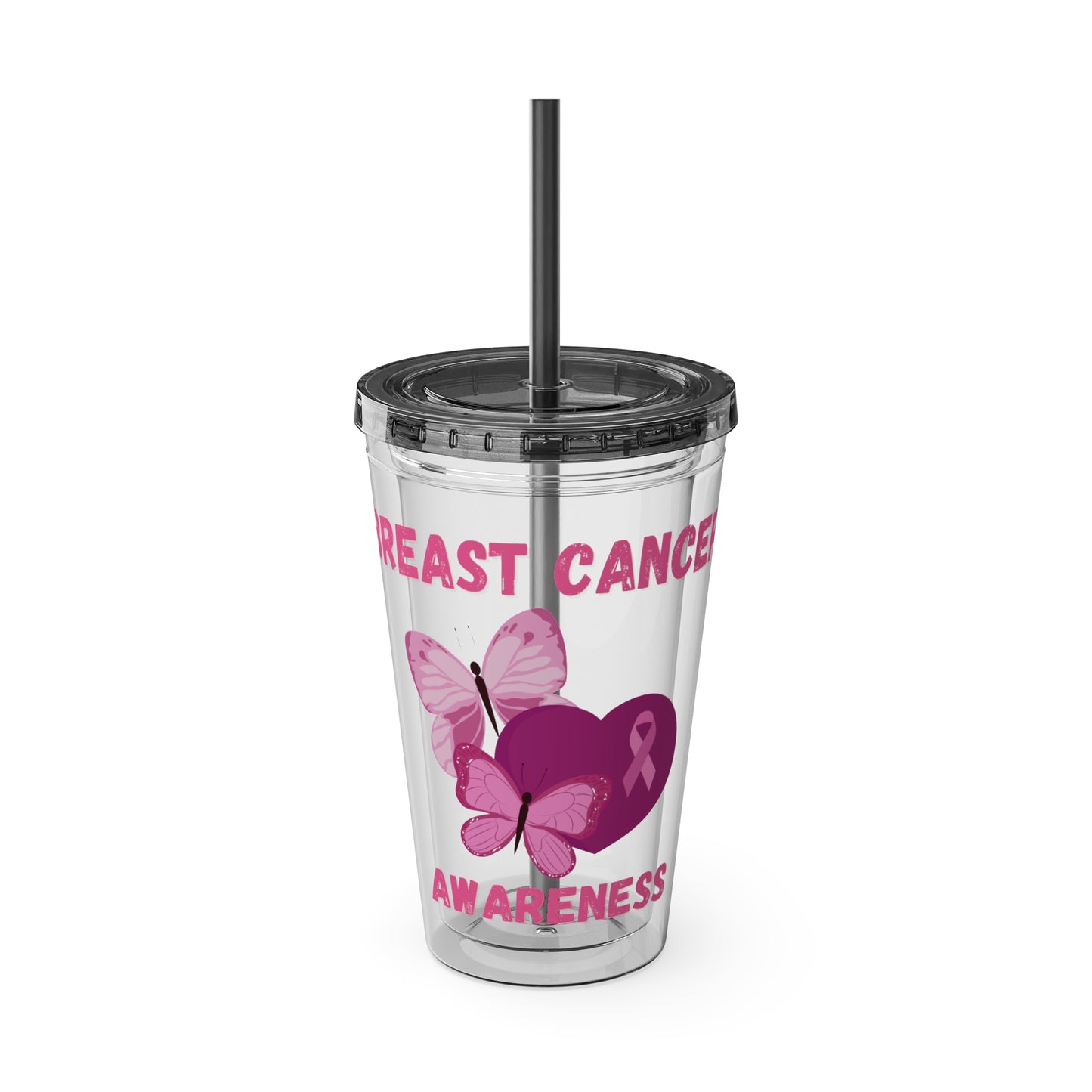 Breast Cancer Awareness 16oz Tumbler with Straw - Butterfly, Heart
