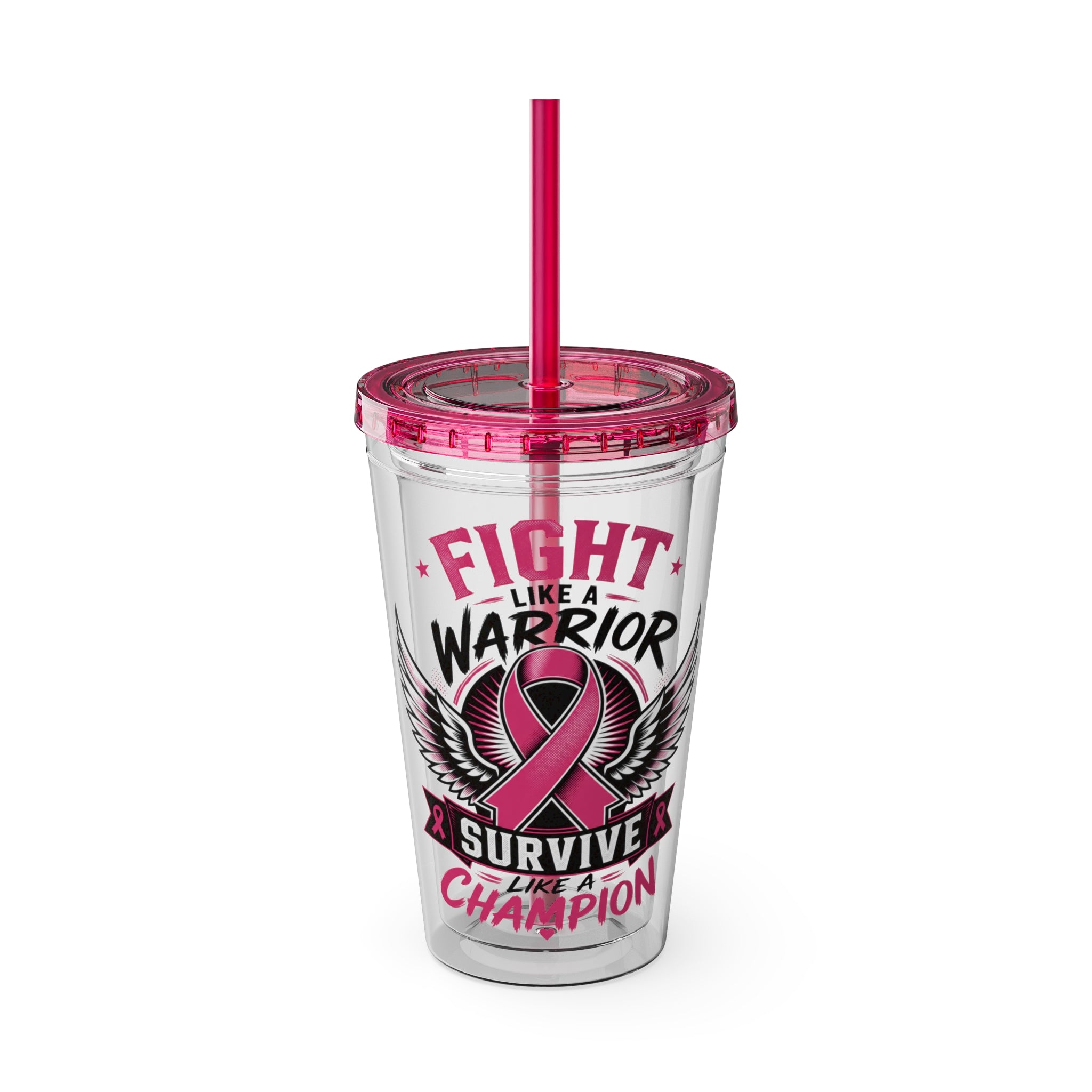Fight Like a Warrior, Survive Like a Champion Breast Cancer Awareness 16oz Tumbler with Straw