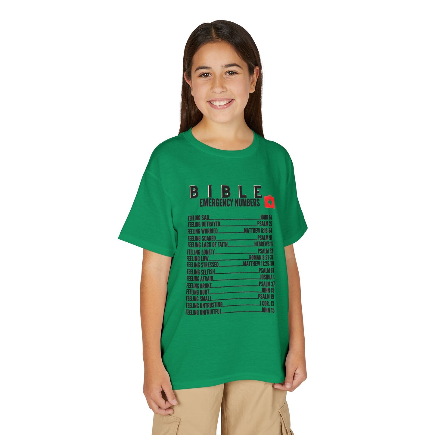 Bible Emergency Numbers Youth T-Shirt — Black