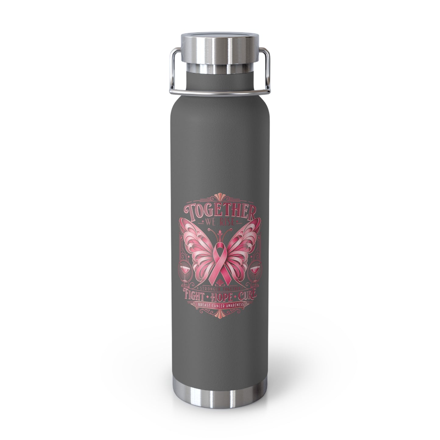 Together We Fight Pink Ribbon Butterfly Cancer 22oz Insulated Water Bottle