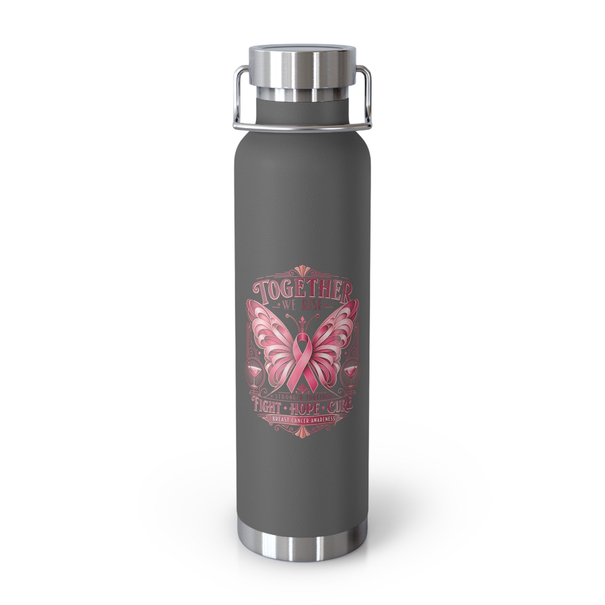 Together We Fight Pink Ribbon Butterfly Cancer 22oz Insulated Water Bottle