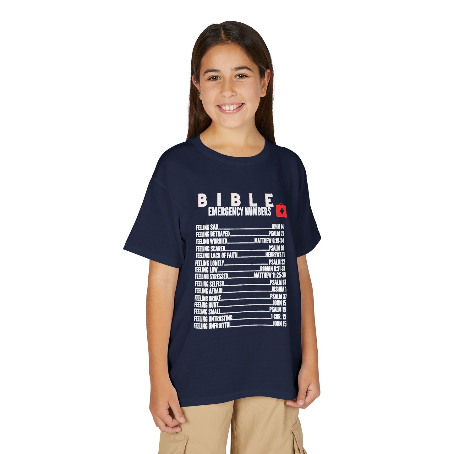 Bible Emergency Numbers Youth T-Shirt — White