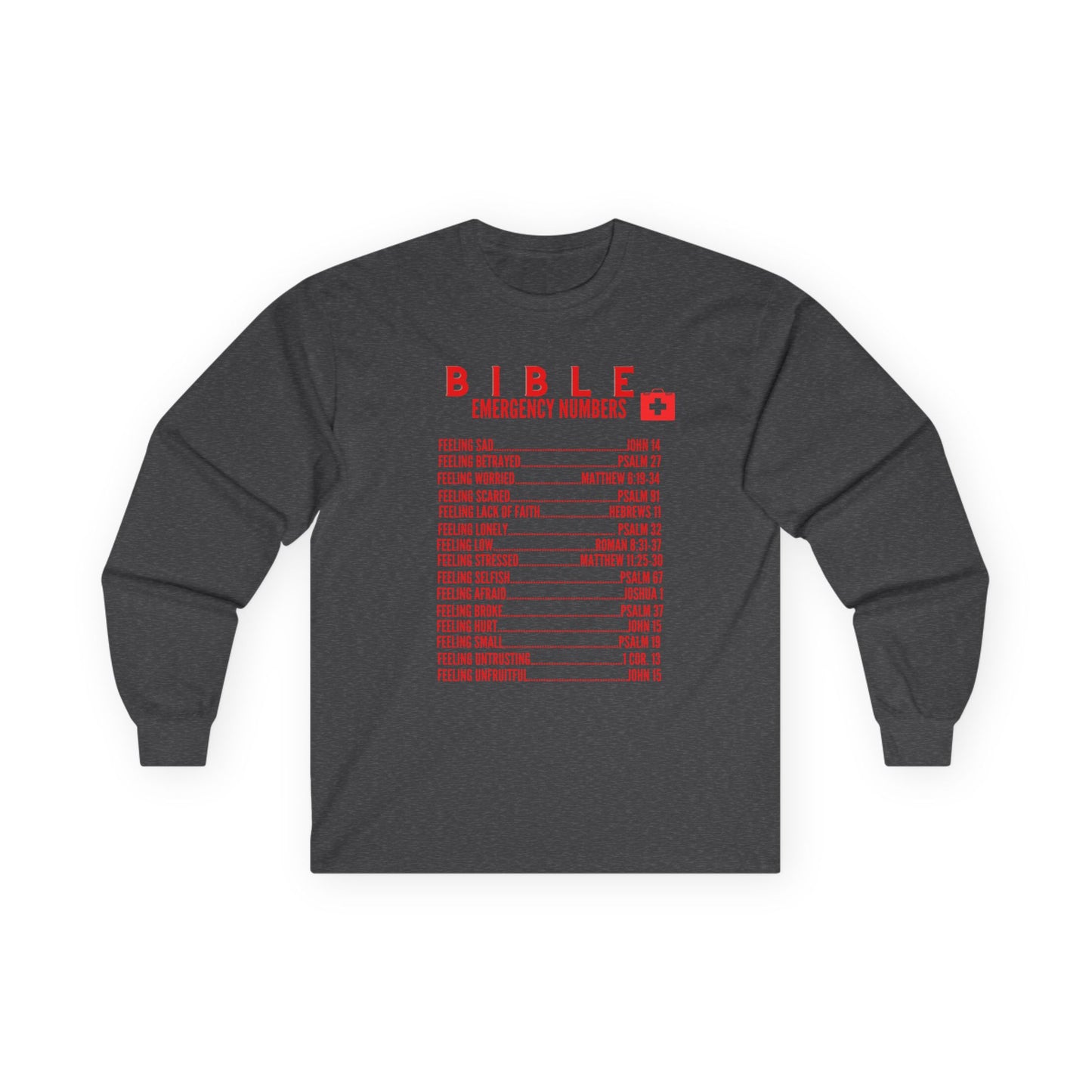 Bible Emergency Numbers Long Sleeve Tee - Red