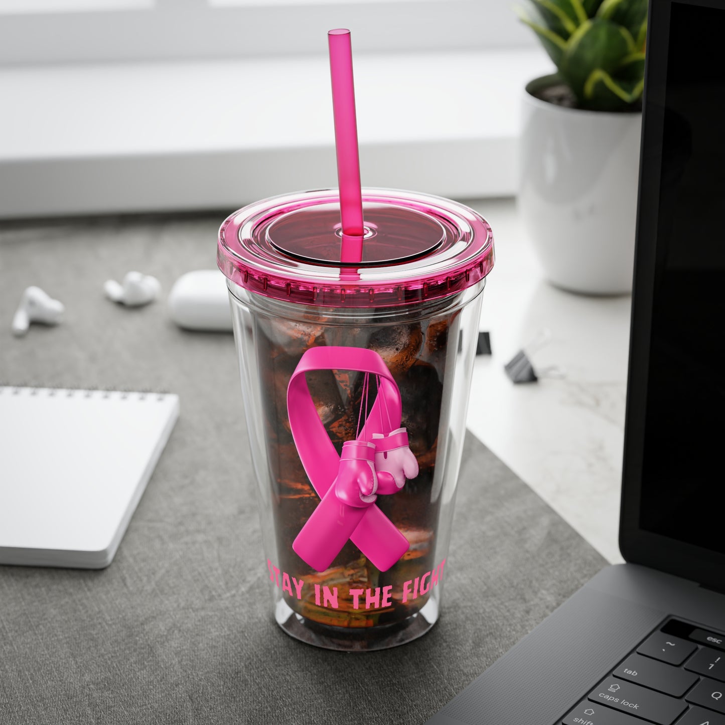 Pink Ribbon “Stay in the Fight” 16oz Tumbler with Straw