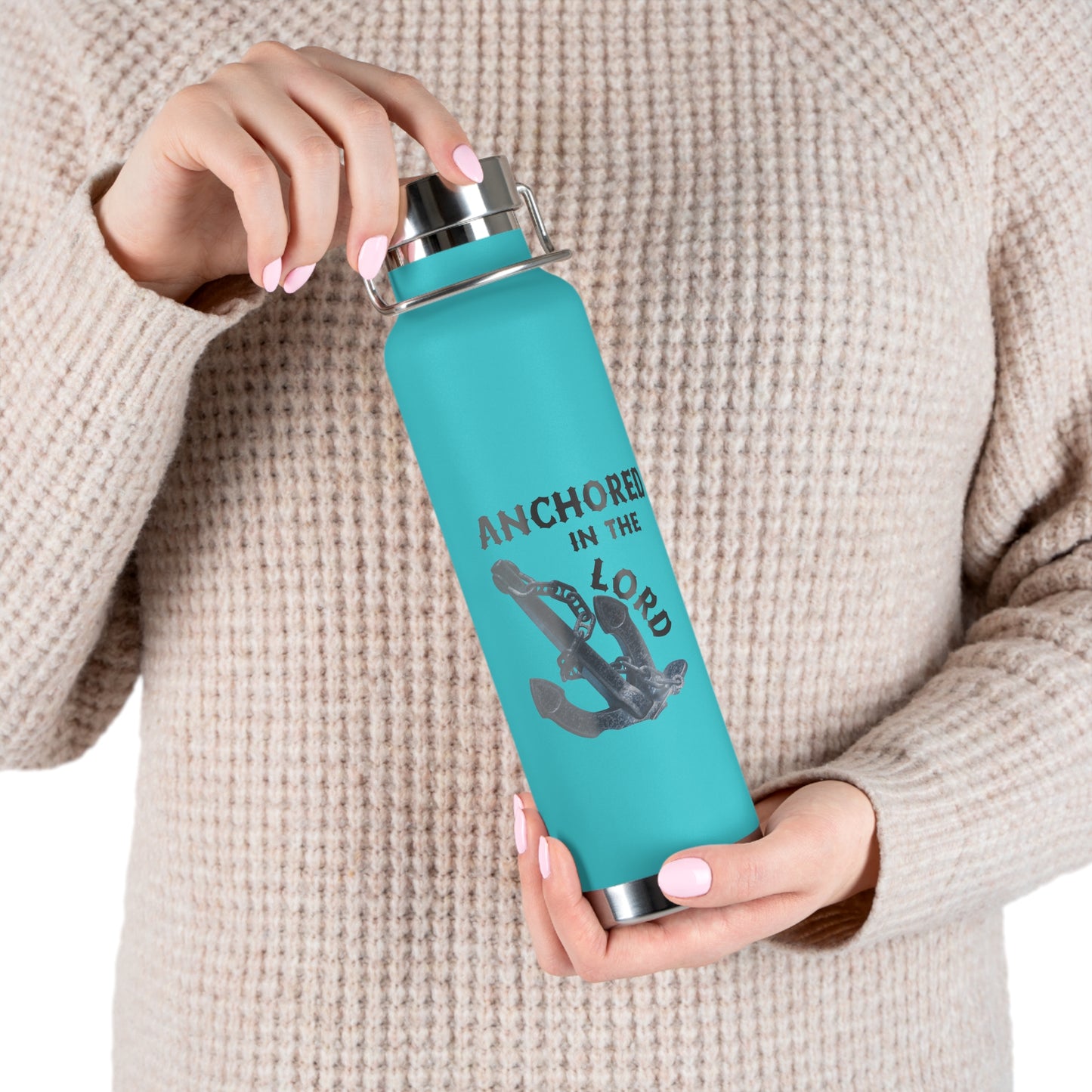 "Anchored in the Lord" 22oz Insulated Water Bottle — Black