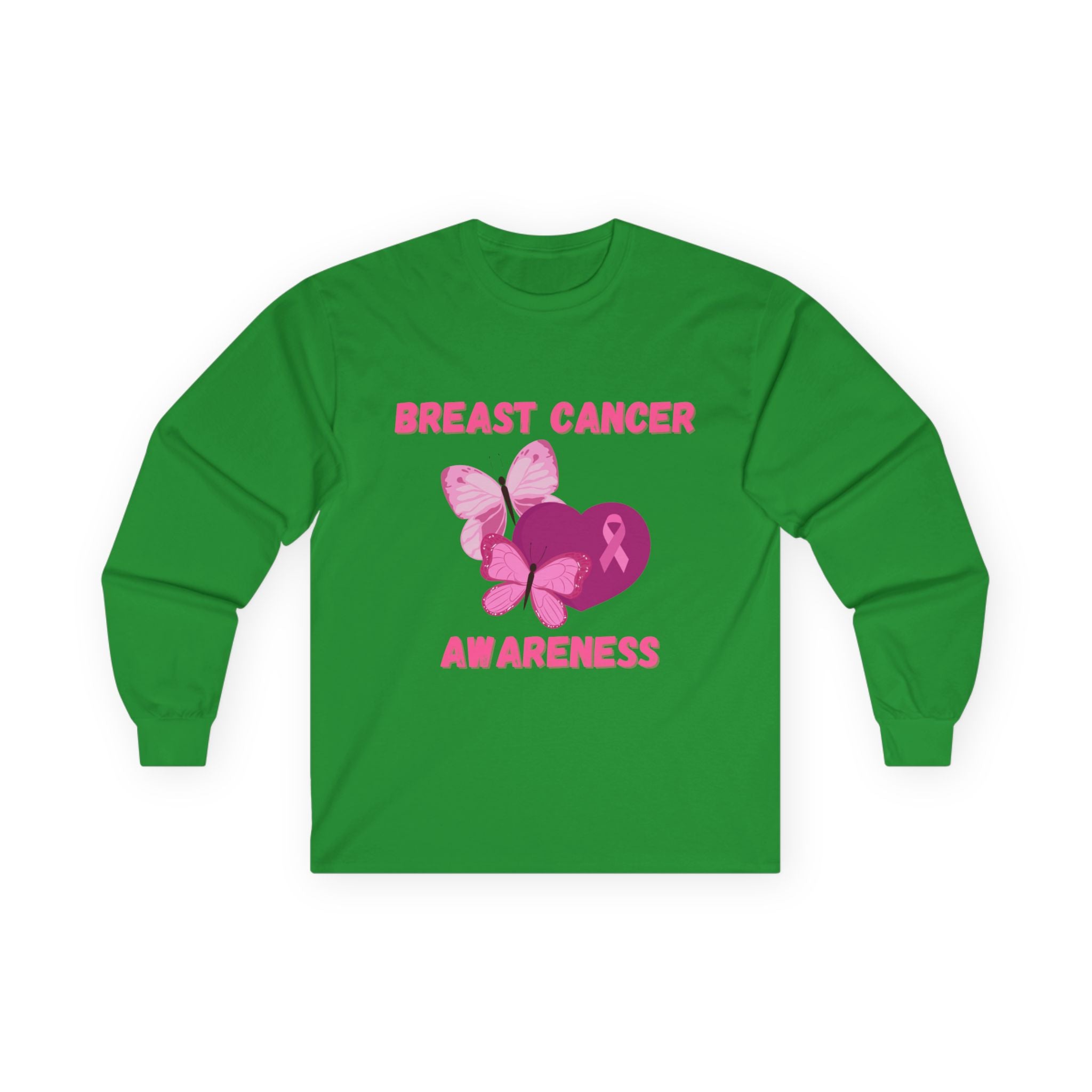 Breast Cancer Awareness Long Sleeve Tee — Pink Ribbon Butterfly Design
