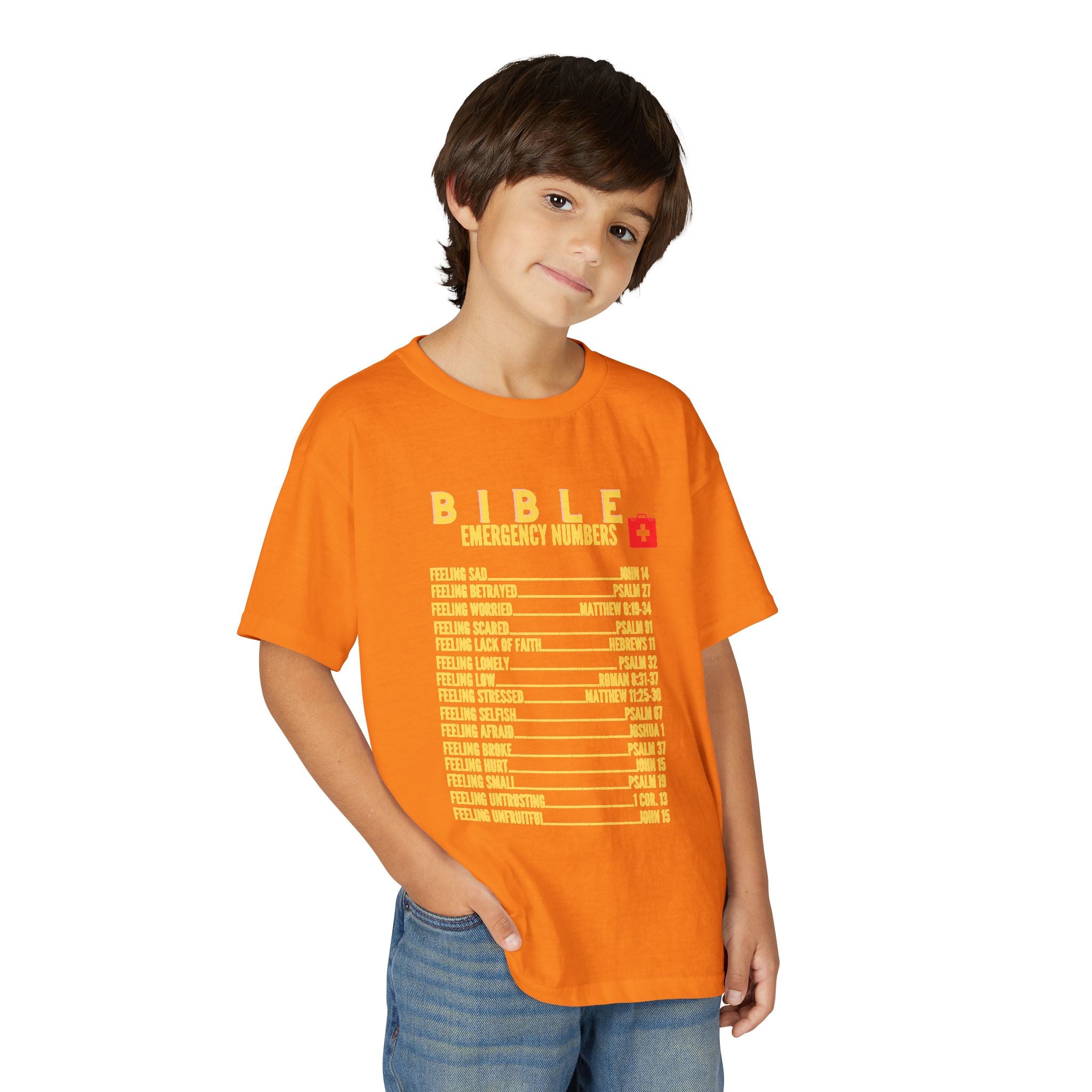 Bible Emergency Numbers Youth T-Shirt — Yellow