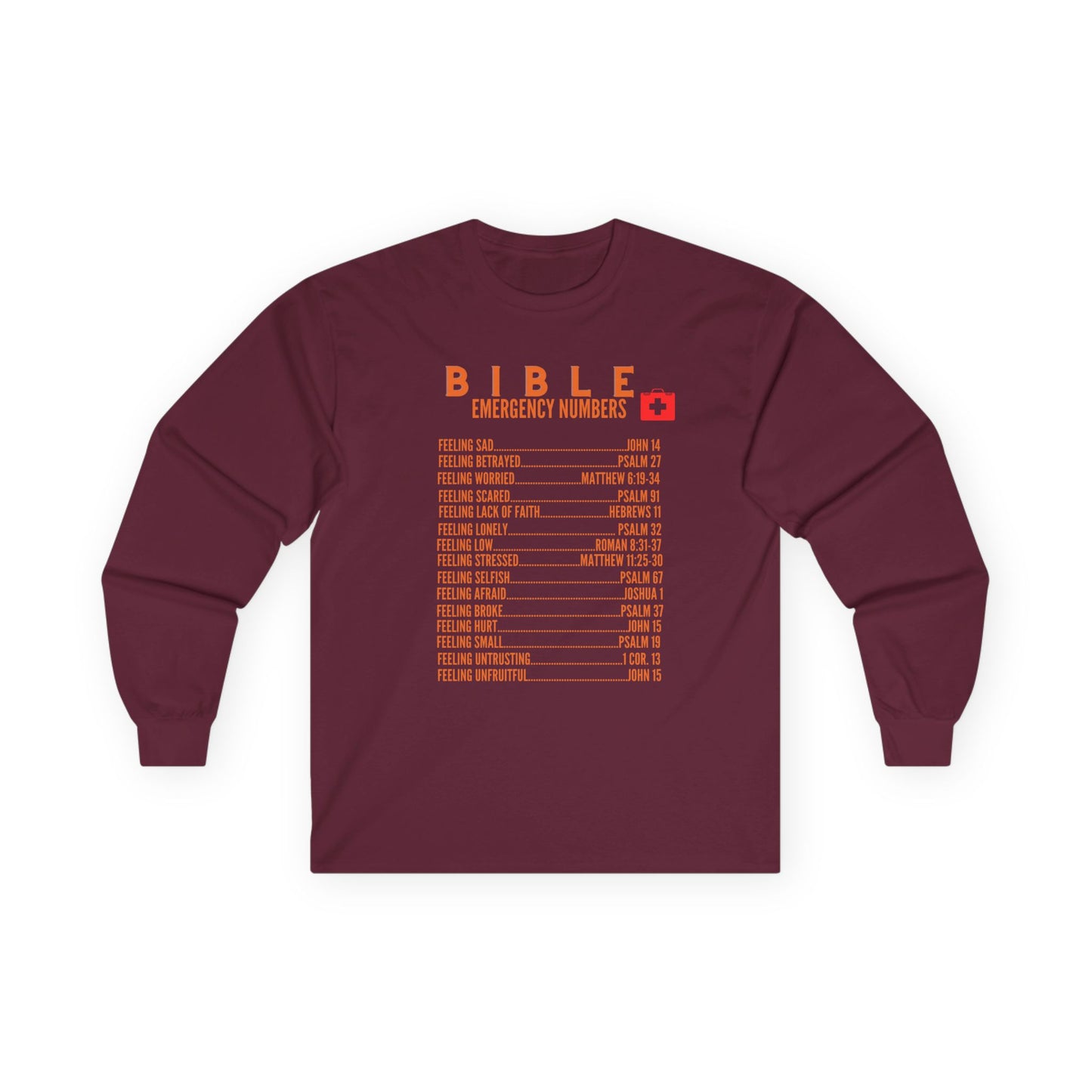 Bible Emergency Numbers Long Sleeve Tee - Orange