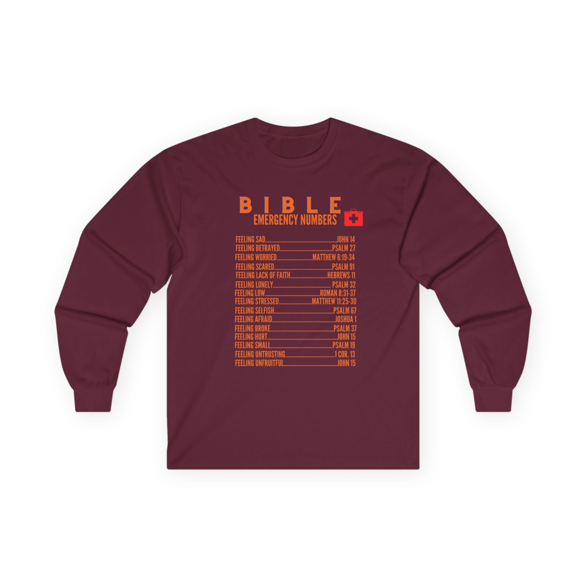 Bible Emergency Numbers Long Sleeve Tee - Orange