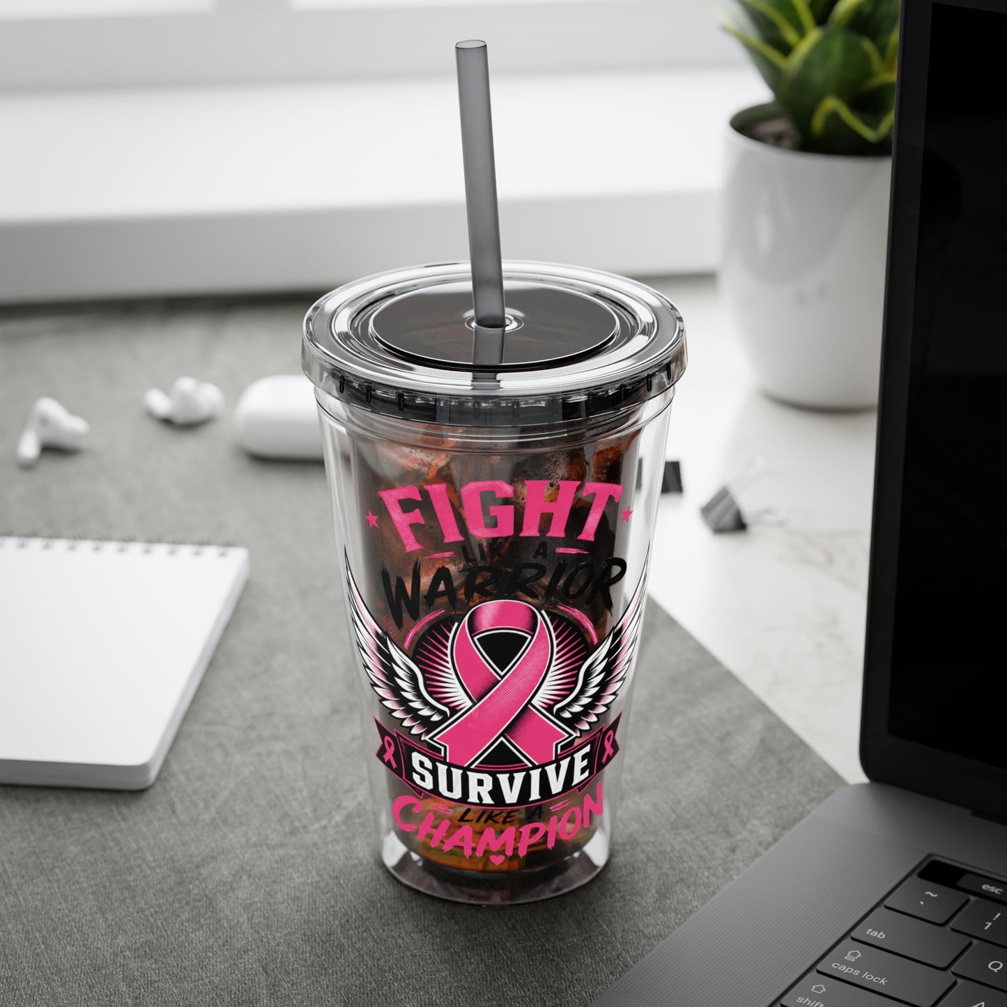 Fight Like a Warrior, Survive Like a Champion Breast Cancer Awareness 16oz Tumbler with Straw