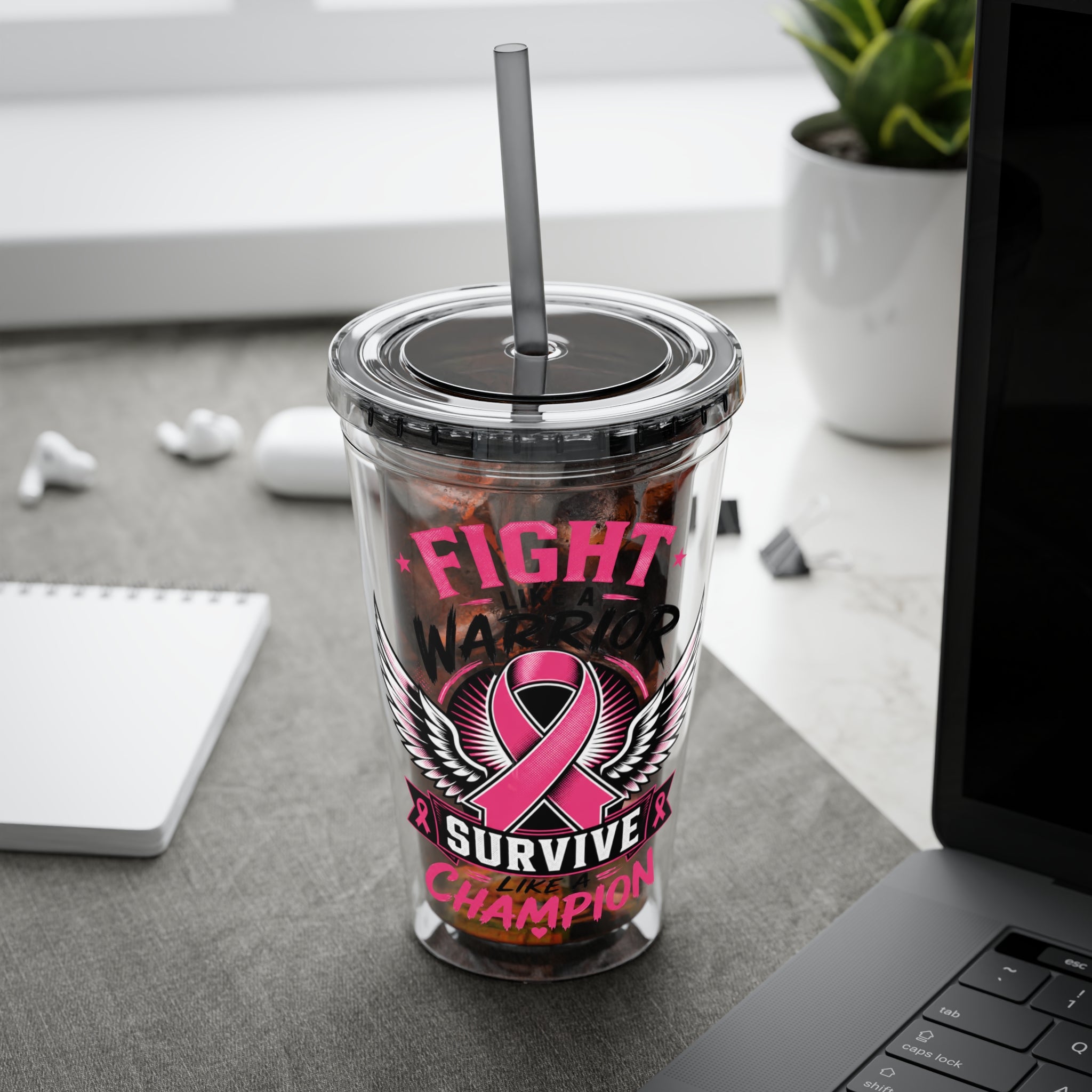 Fight Like a Warrior, Survive Like a Champion Breast Cancer Awareness 16oz Tumbler with Straw